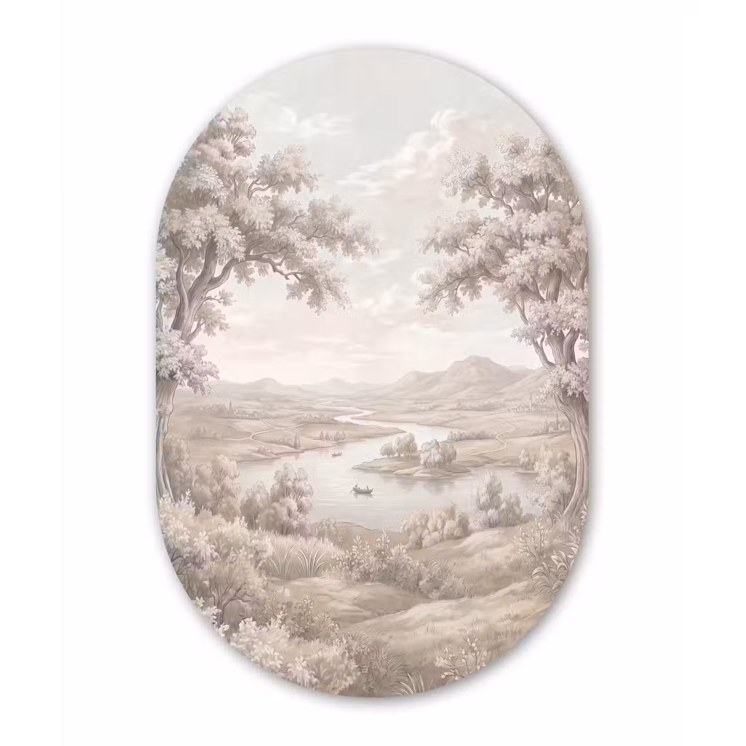 Rivierlandschap - Bergen - Natuur - Vintage - Beige Wandcirkel Ovaal Aluminium middel -3d