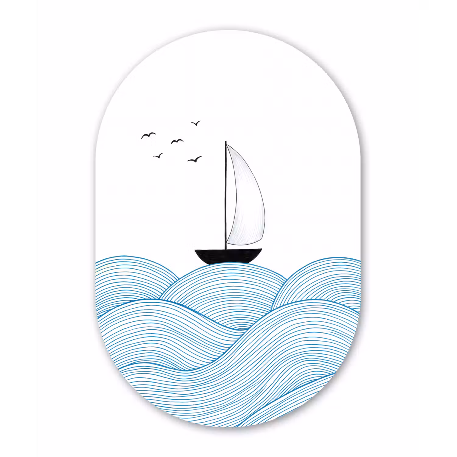 Zeilboot - Golven - Zee - Illustratie - Blauw Wandcirkel Ovaal Aluminium middel -3d