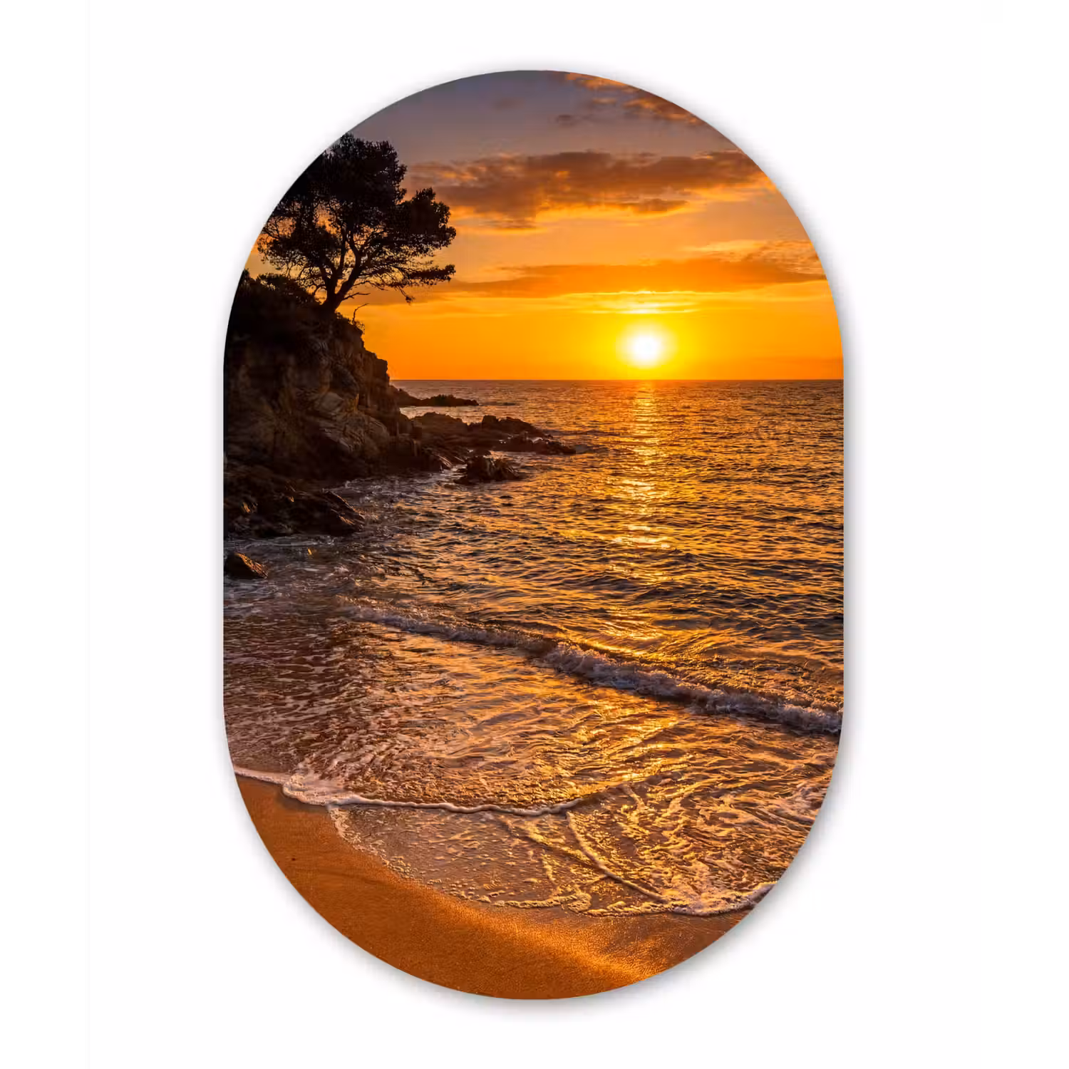 Zee - Kust - Zonsondergang - Natuur - Oranje Wandcirkel Ovaal Aluminium middel -3d