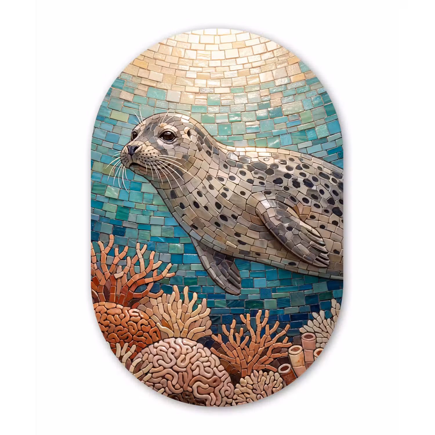 Zeehond - Mozaïek - Onderwater - Dieren - Blauw Wandcirkel Ovaal Aluminium middel -3d