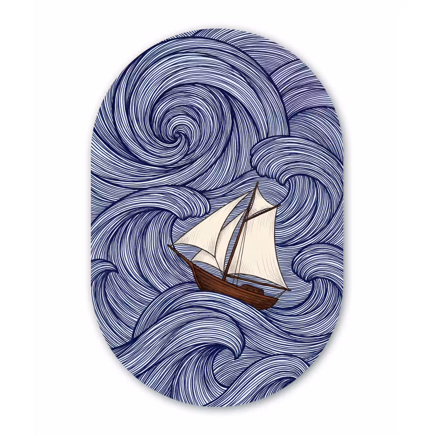 Schip - Golven - Zee - Illustratie - Blauw Wandcirkel Ovaal Aluminium middel -3d