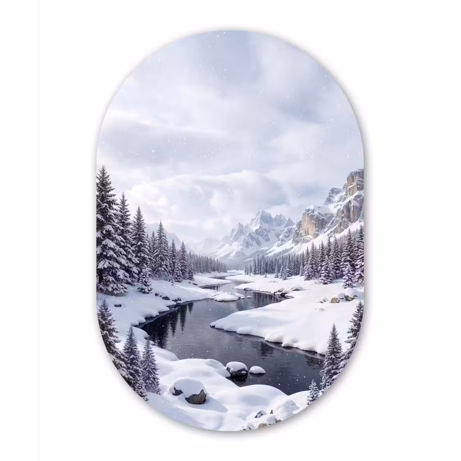 Sneeuwlandschap - Bergen - Rivier - Winter Wandcirkel Ovaal Aluminium middel -3d