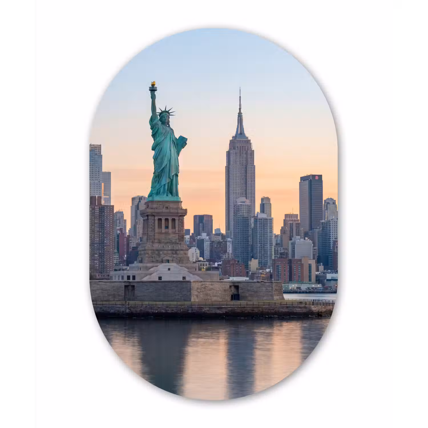 Vrijheidsbeeld - New York - Zonsopgang - Stad - Architectuur Wandcirkel Ovaal Aluminium middel -3d