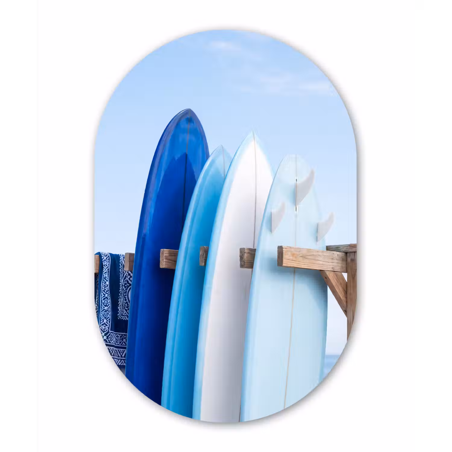 Surfplank - Strand - Zomer - Blauw - Water Wandcirkel Ovaal Aluminium middel -3d
