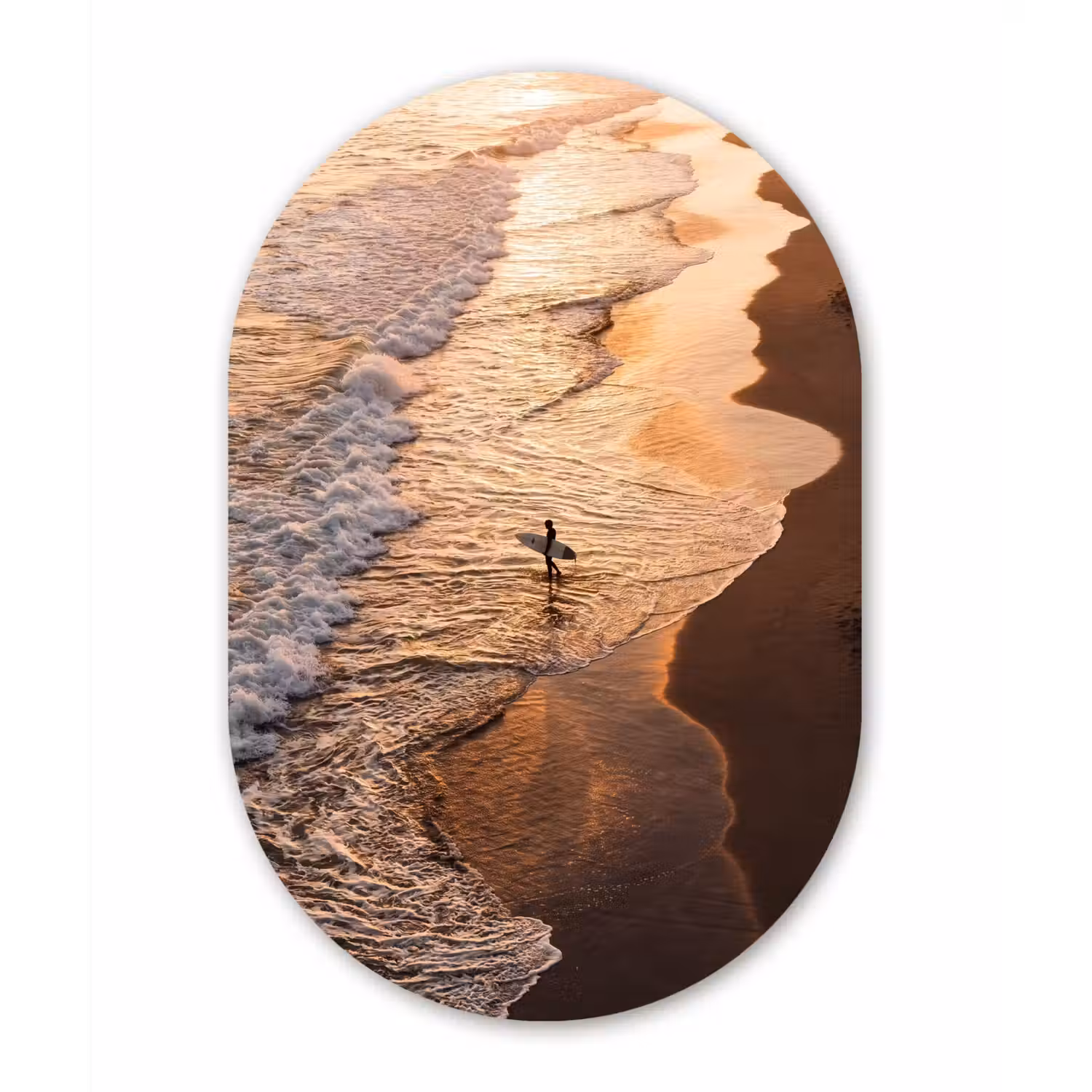 Surfer - Strand - Zonsondergang - Oceaan - Goud Wandcirkel Ovaal Aluminium middel -3d