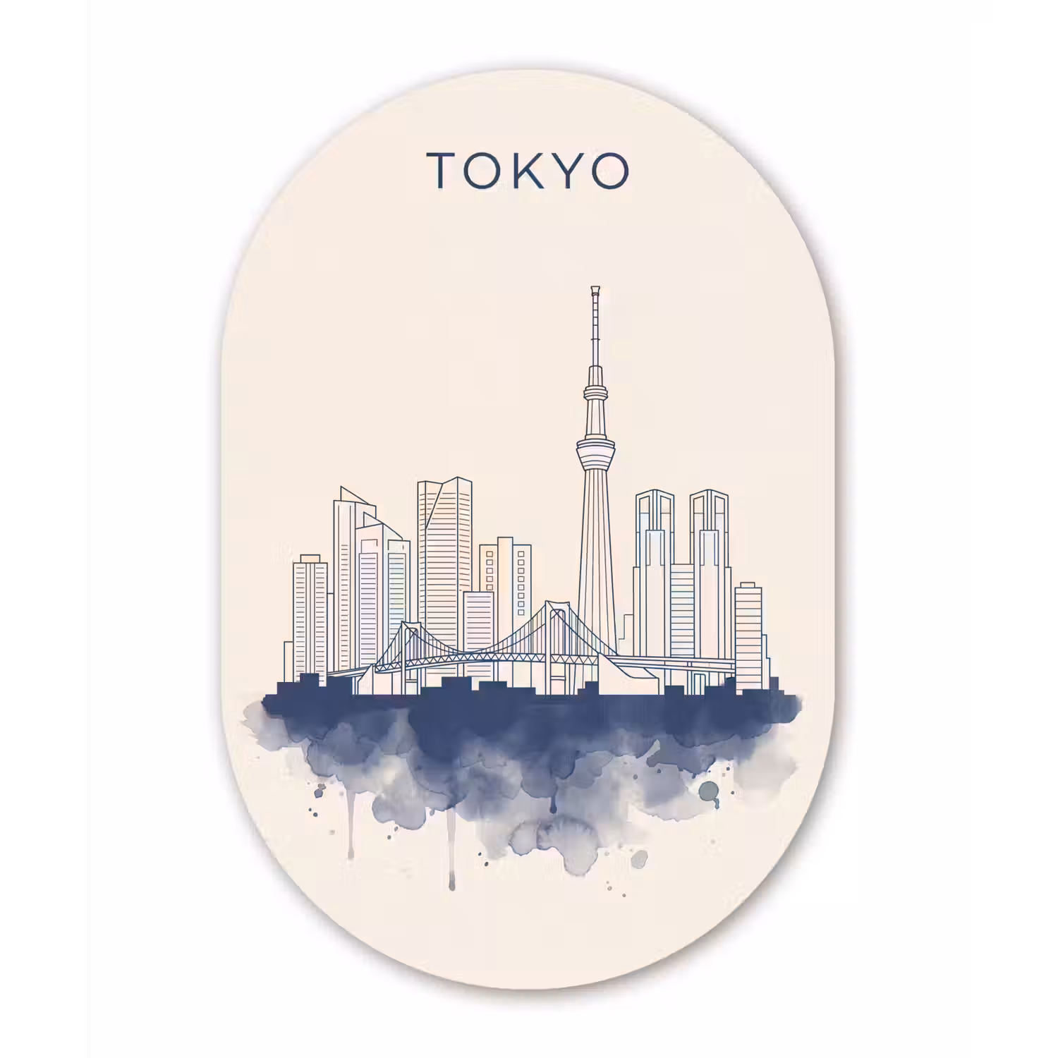 Tokyo - Skyline - Stad - Abstract - Blauw Wandcirkel Ovaal Aluminium middel -3d