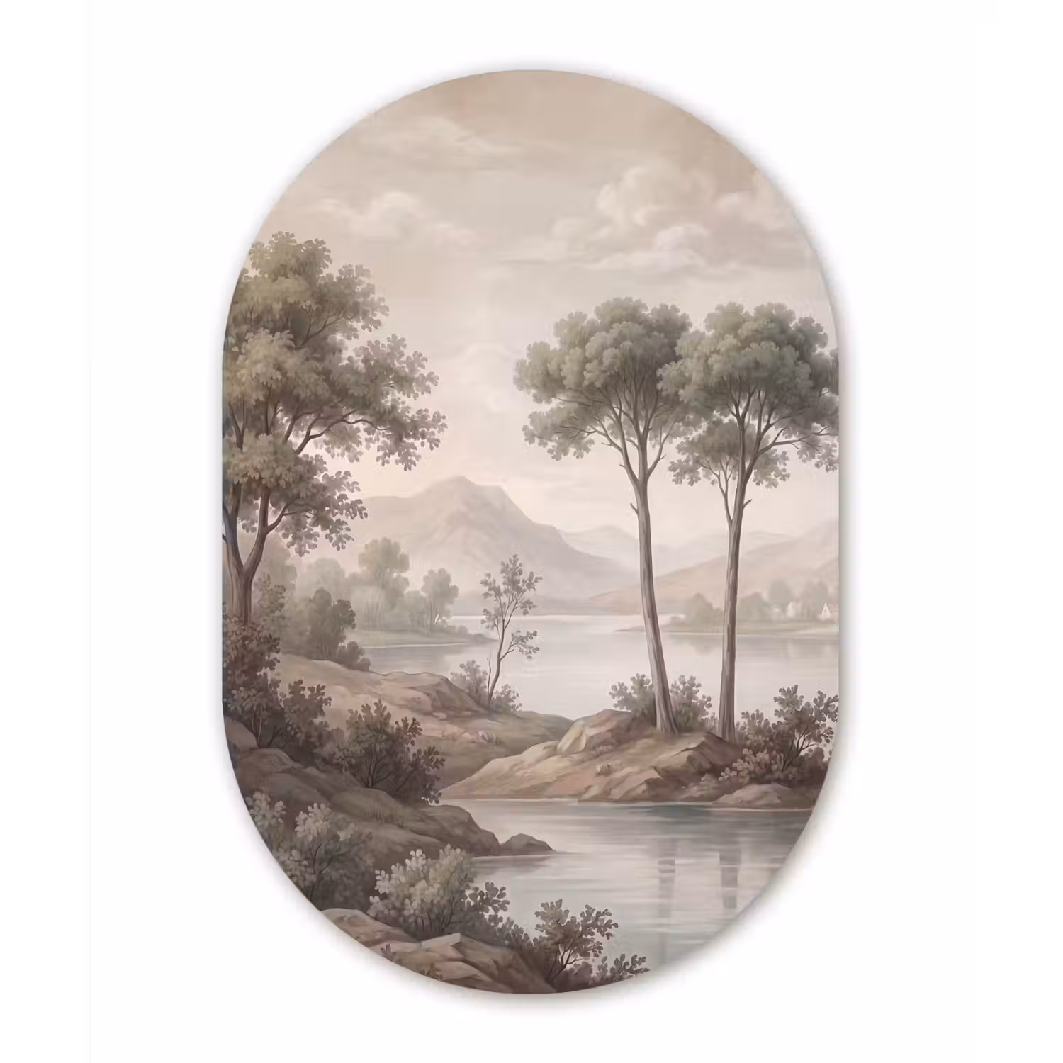 Bomen - Meer - Bergen - Illustratie Wandcirkel Ovaal Aluminium middel -3d