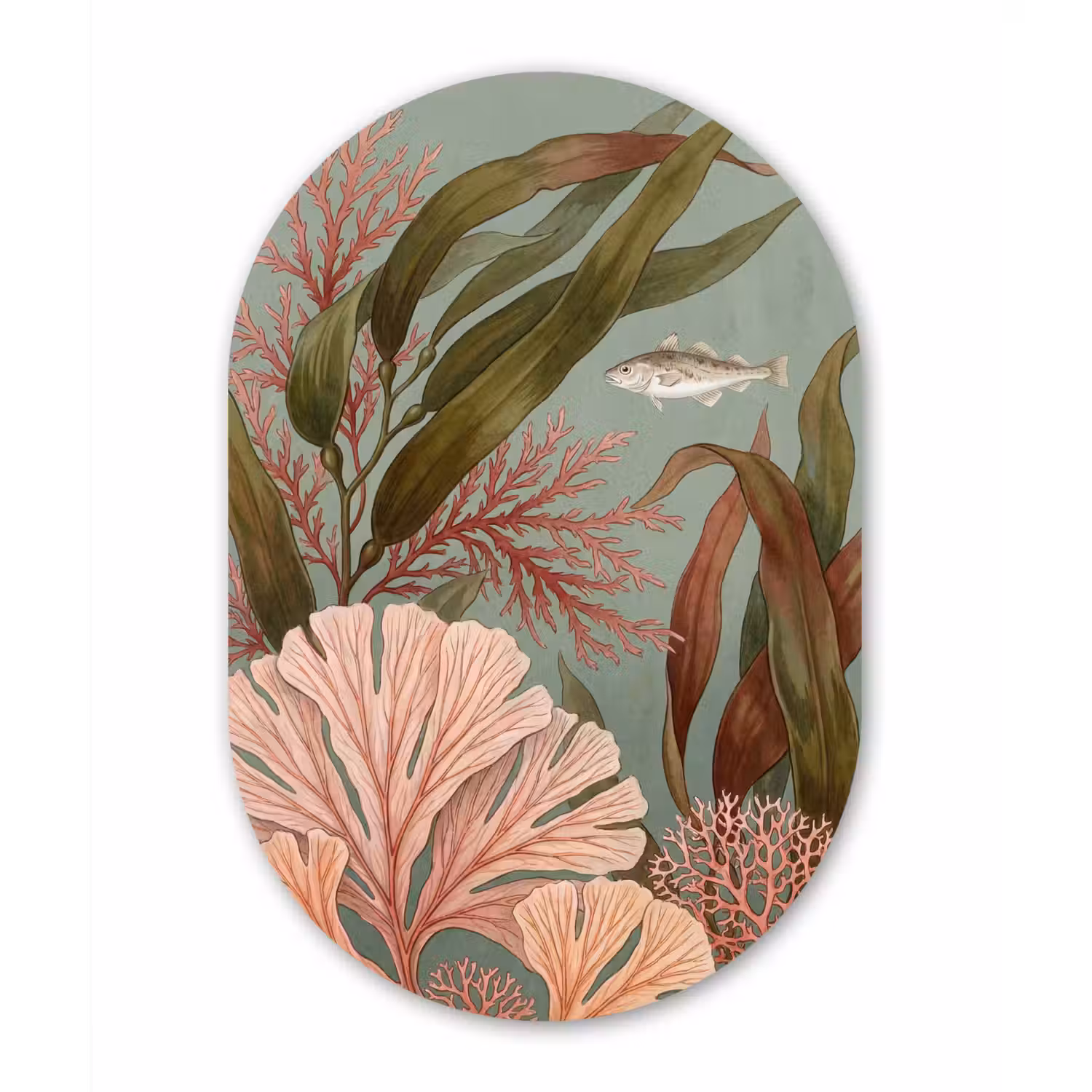 Onderwater - Planten - Vis - Vintage - Groen Wandcirkel Ovaal Aluminium middel -3d
