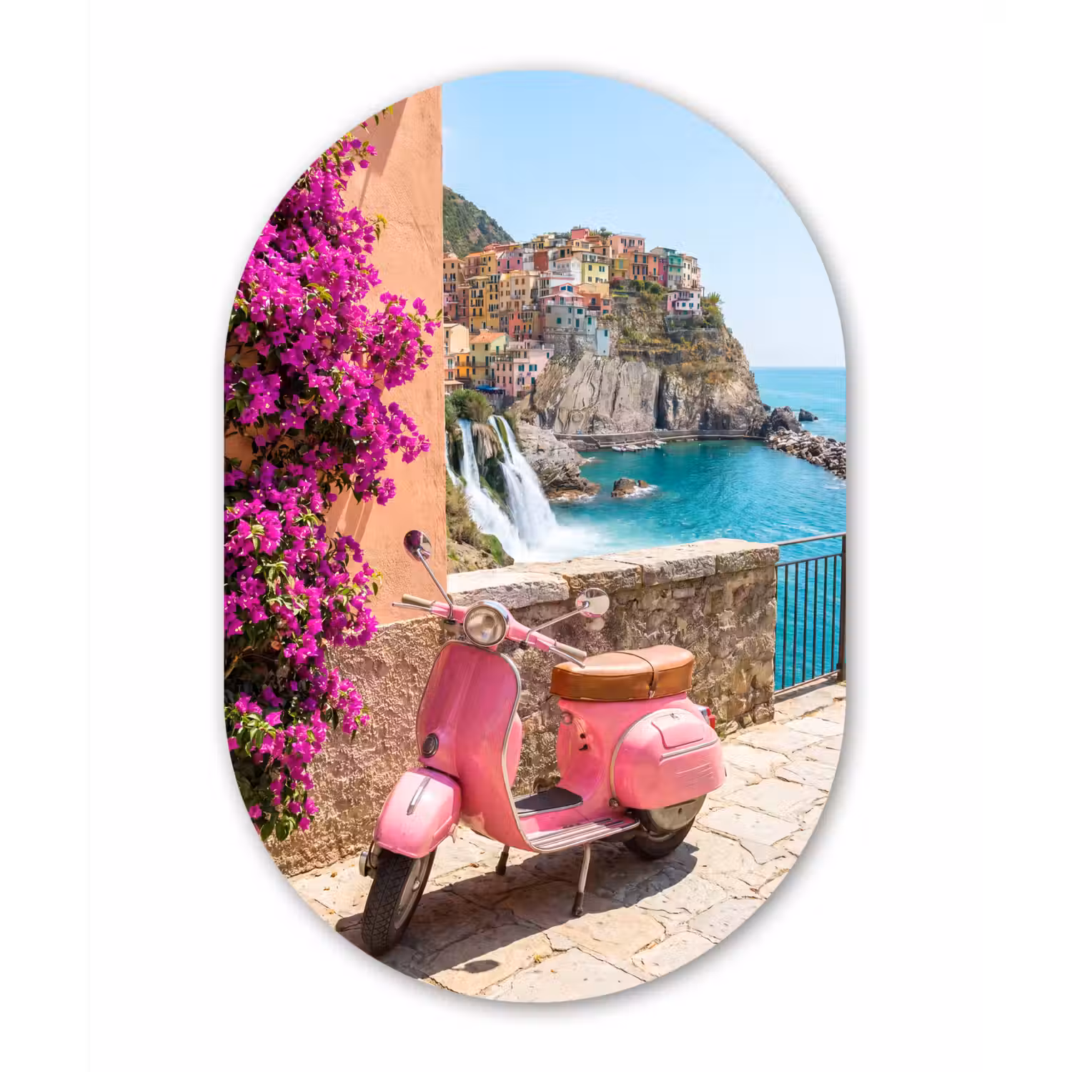 Voertuig - Roze - Kust - Zomer - Reizen Wandcirkel Ovaal Aluminium middel -3d