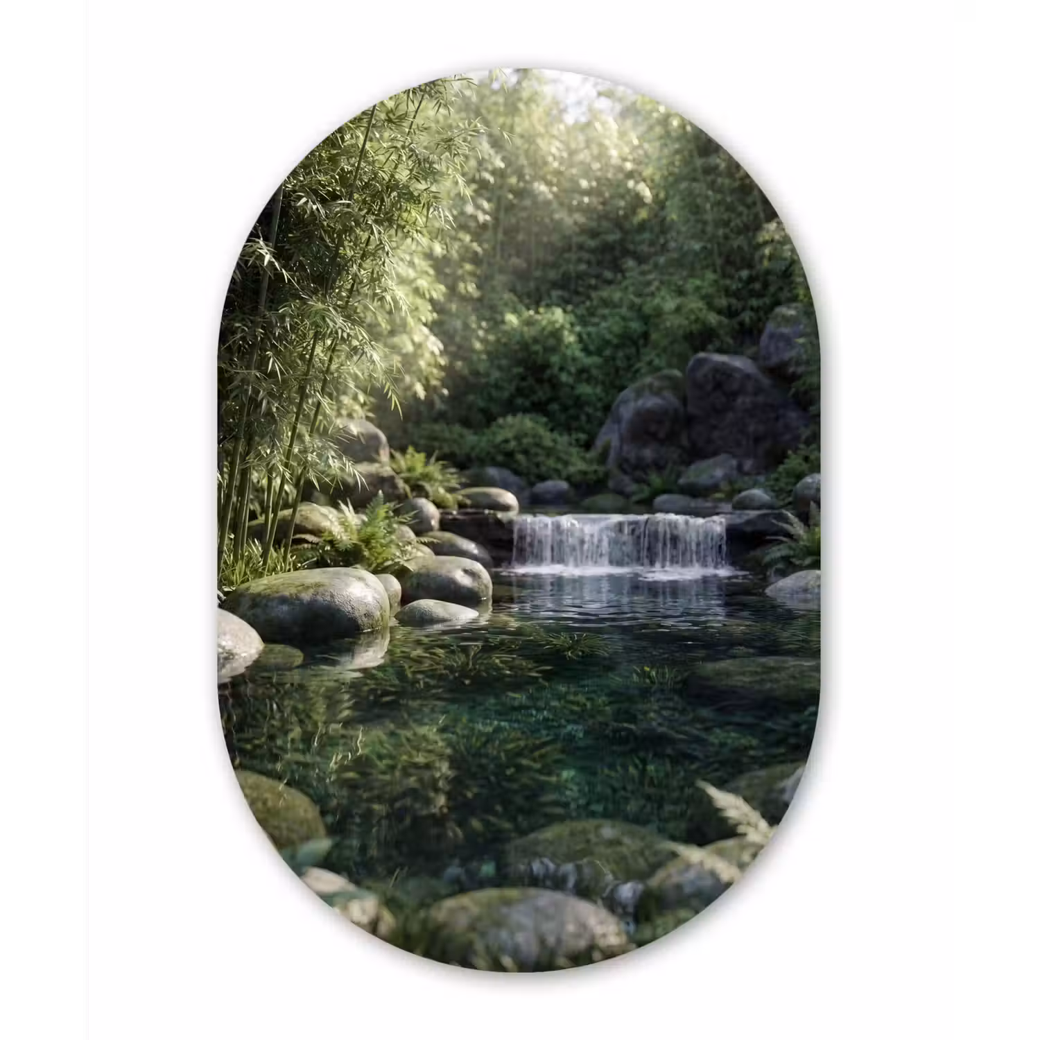 Beek - Waterval - Natuur - Groen Wandcirkel Ovaal Aluminium middel -3d