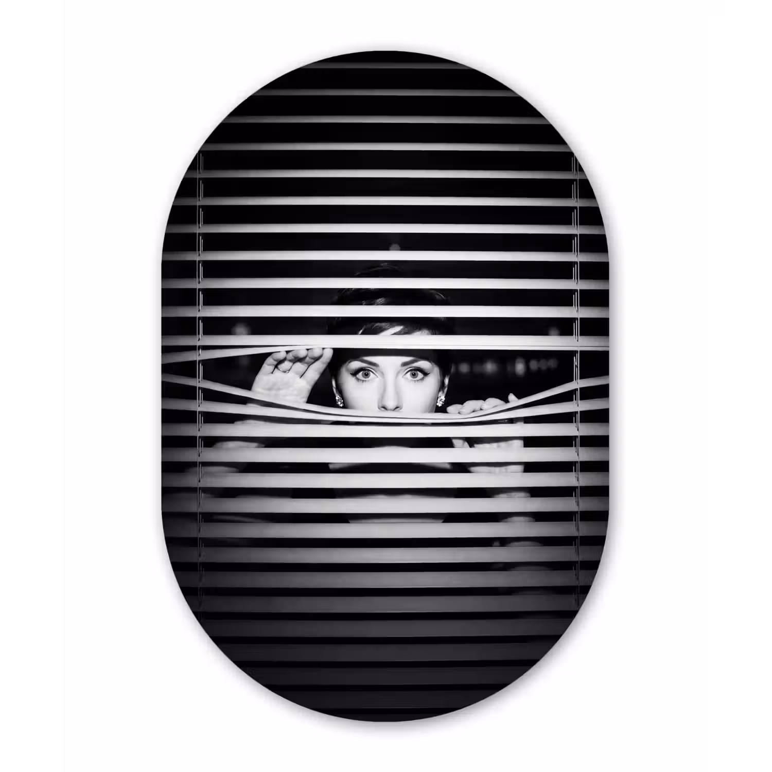 Vrouw - Jaloezieën - Portret - Zwart-wit Wandcirkel Ovaal Aluminium middel -3d