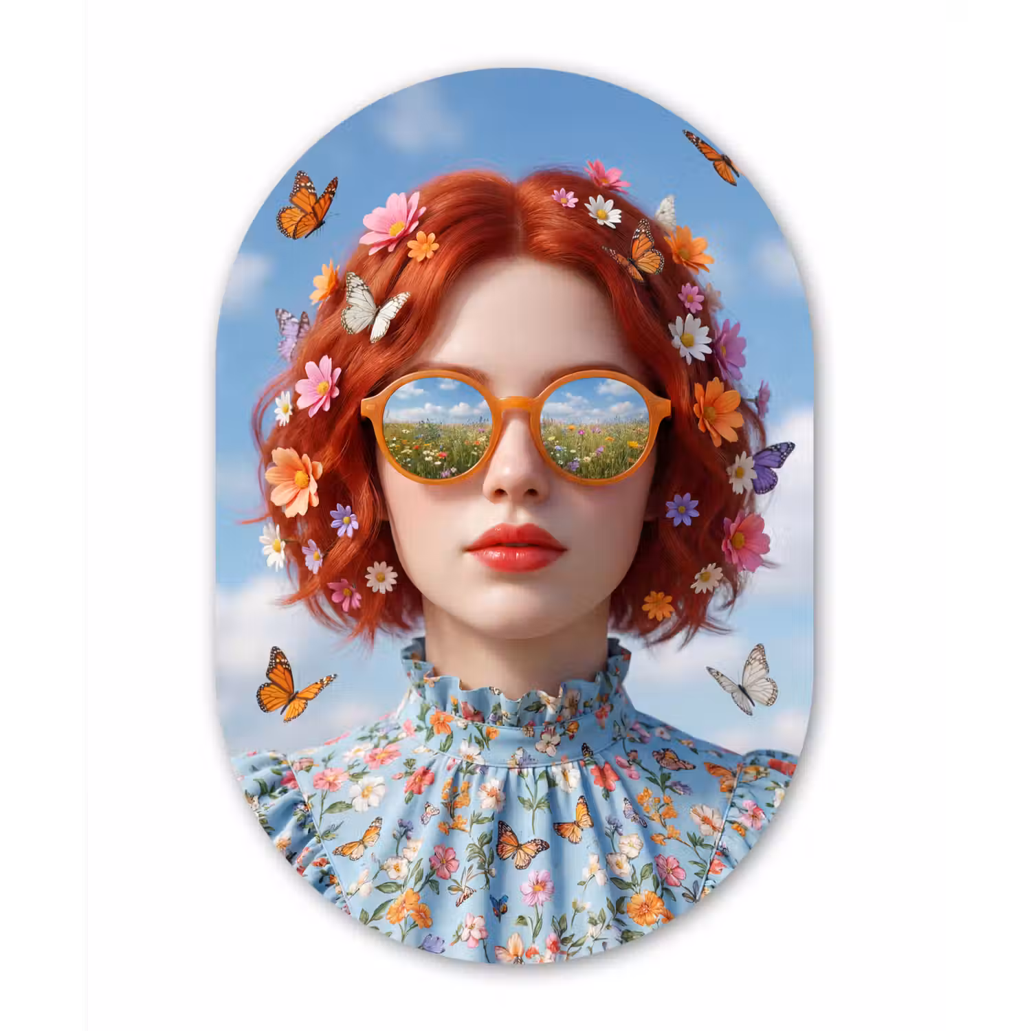 Vrouw - Bloemen - Zomer - Portret - Kleurrijk Wandcirkel Ovaal Aluminium middel -3d