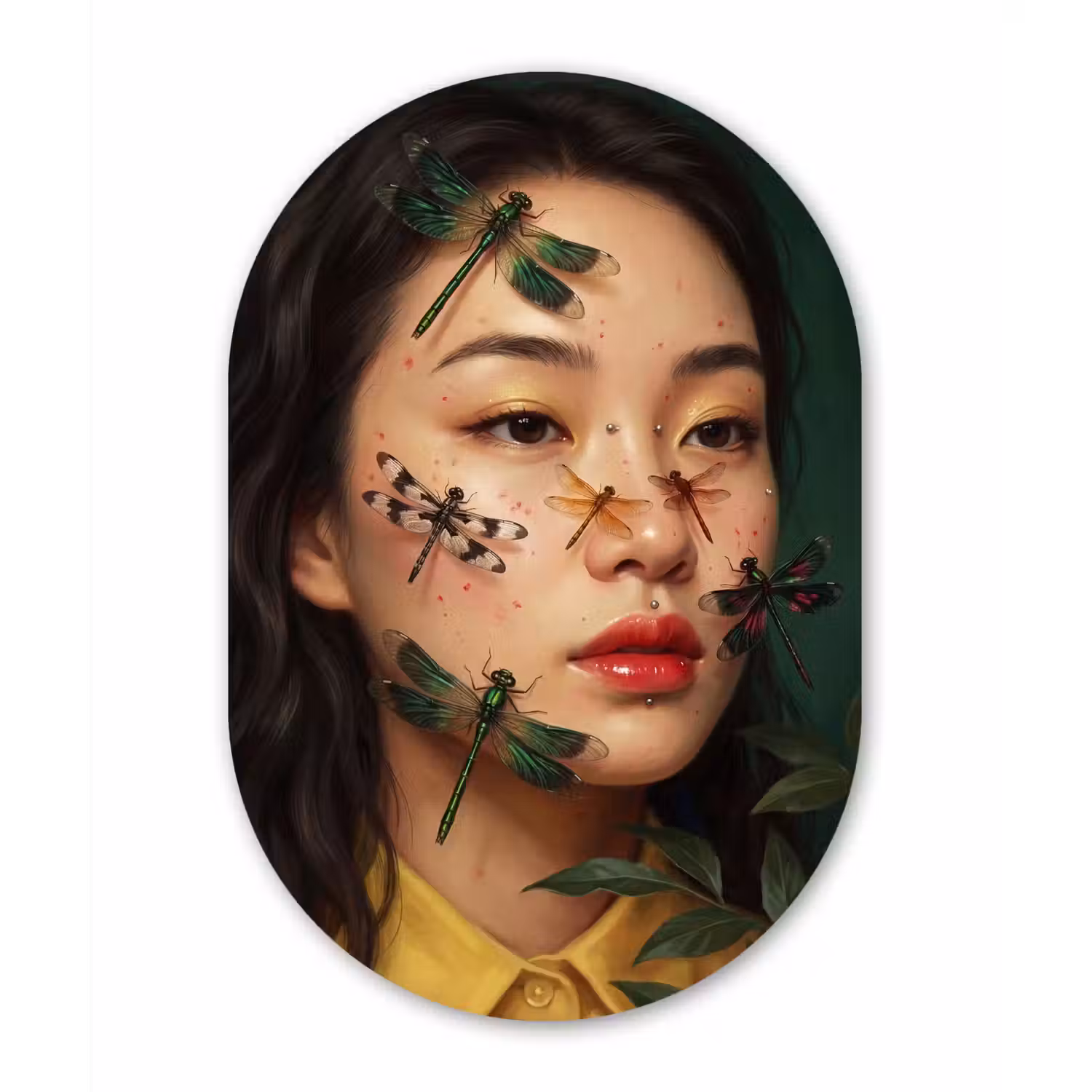 Vrouw - Insecten - Natuur - Portret - Groen Wandcirkel Ovaal Aluminium middel -3d