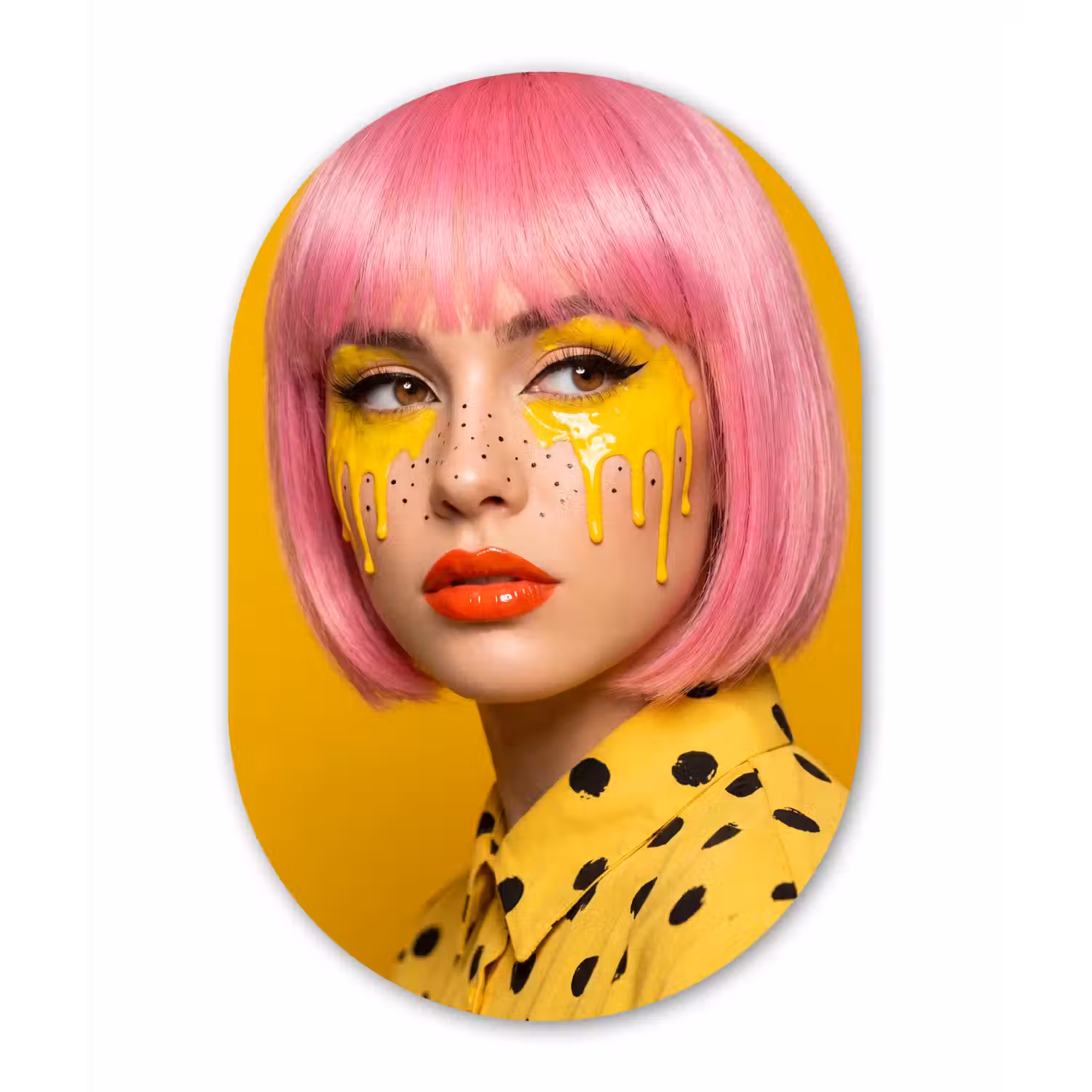 Vrouw - Portret - Abstract - Kleurrijk - Geel Wandcirkel Ovaal Aluminium middel -3d