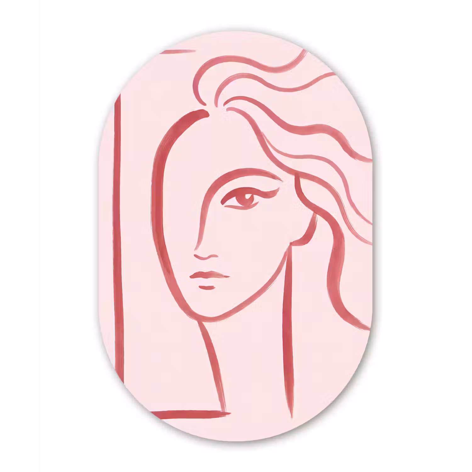 Vrouw - Portret - Abstract - Lijnkunst - Rood Wandcirkel Ovaal Aluminium middel -3d