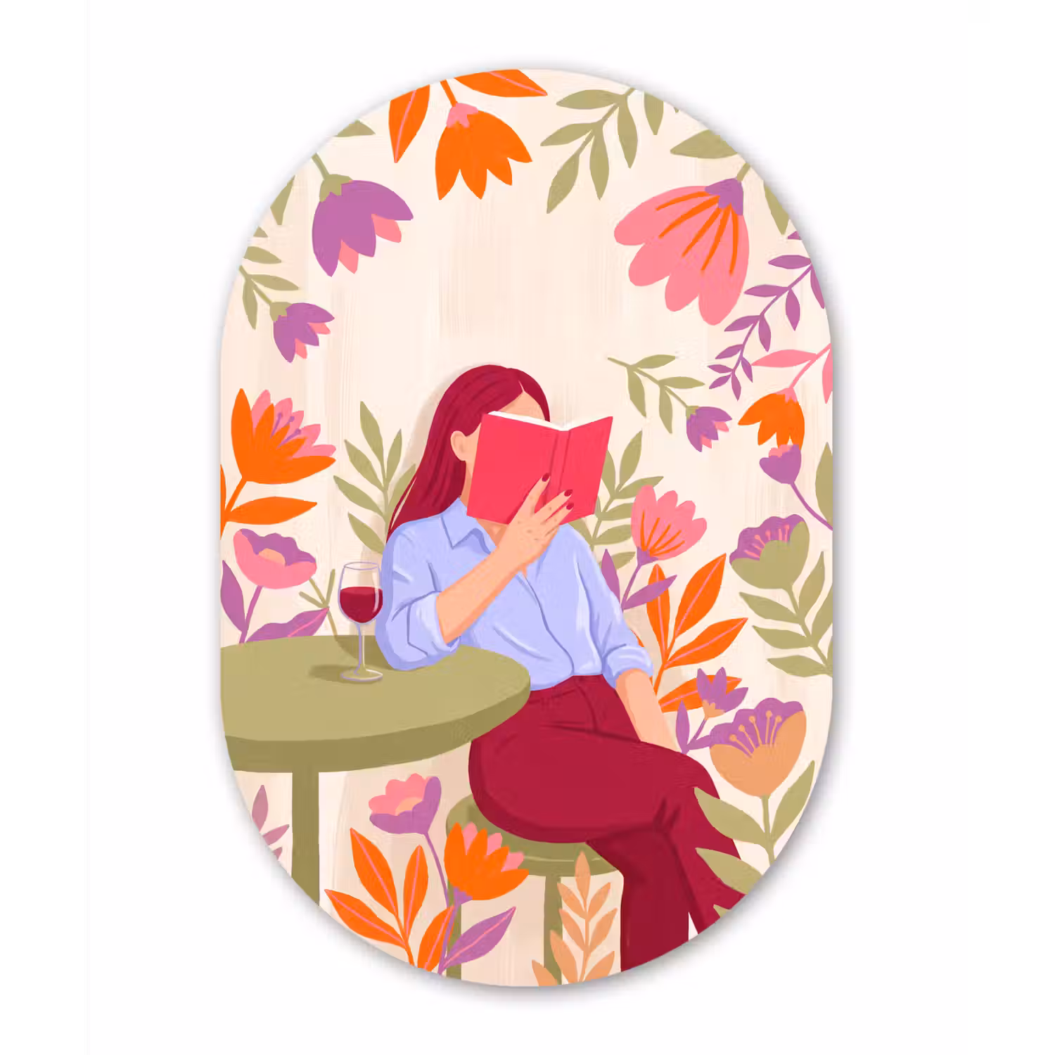 Vrouw - Lezen - Thuis - Modern - Bloemen Wandcirkel Ovaal Aluminium middel -3d