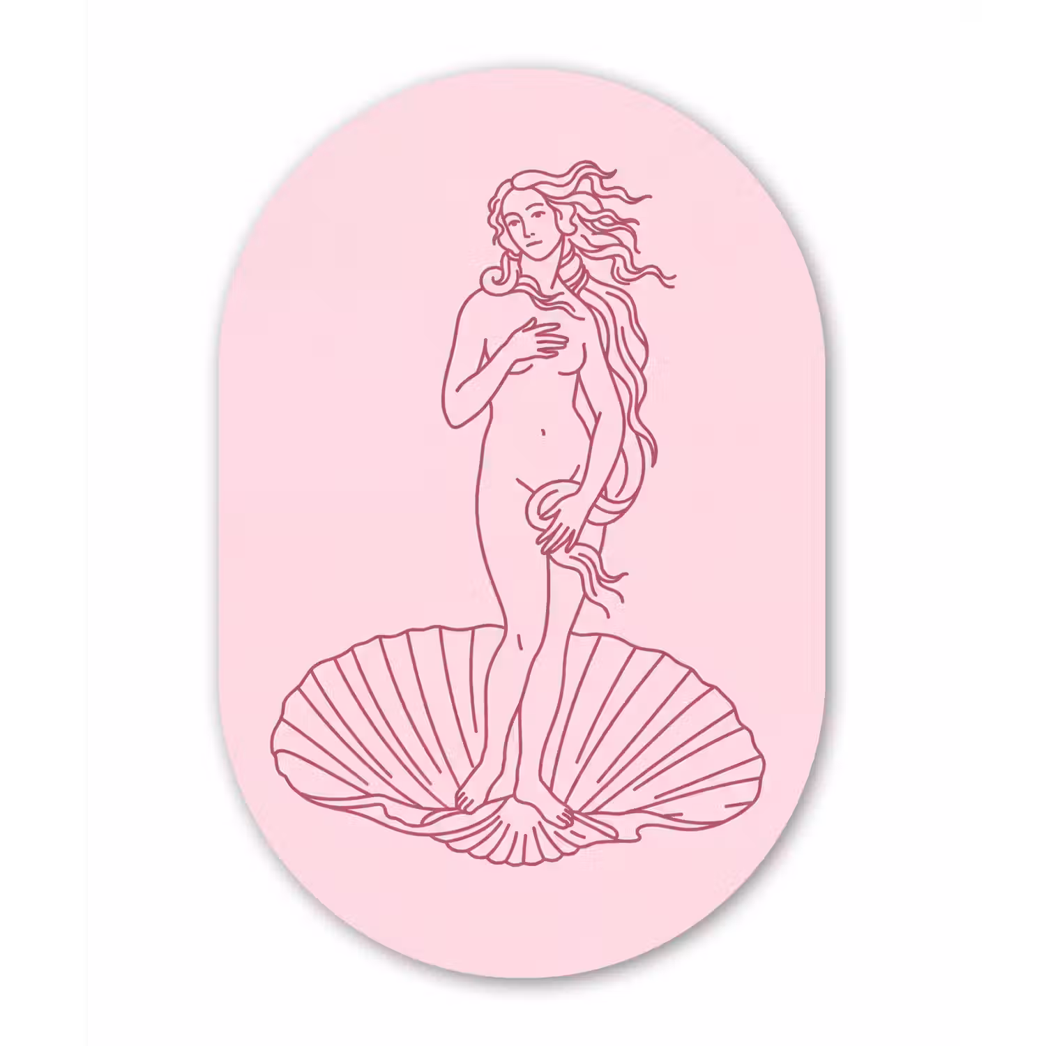 Vrouw - Schelp - Kunst - Lijntekening - Roze Wandcirkel Ovaal Aluminium middel -3d