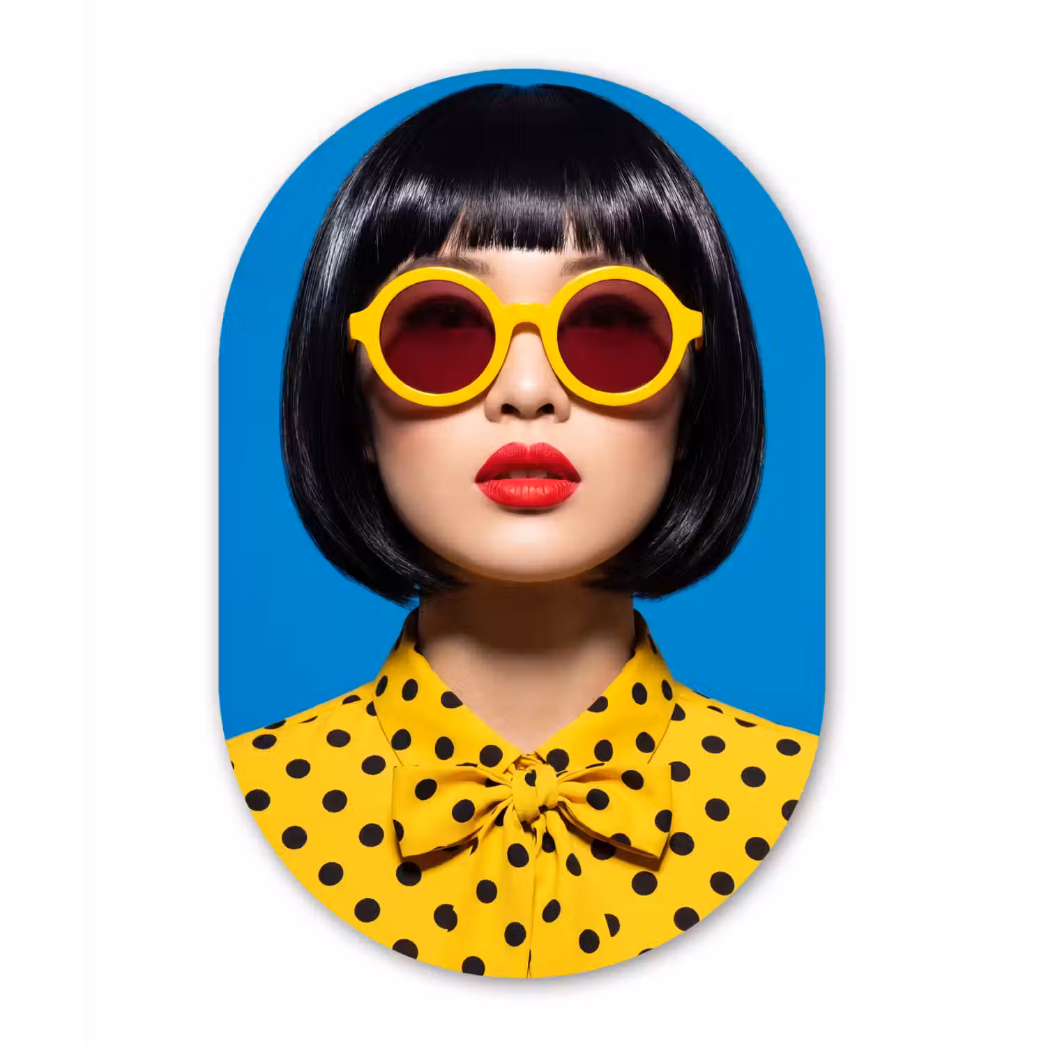 Vrouw - Zonnebril - Pop Art - Portret - Geel Wandcirkel Ovaal Aluminium middel -3d