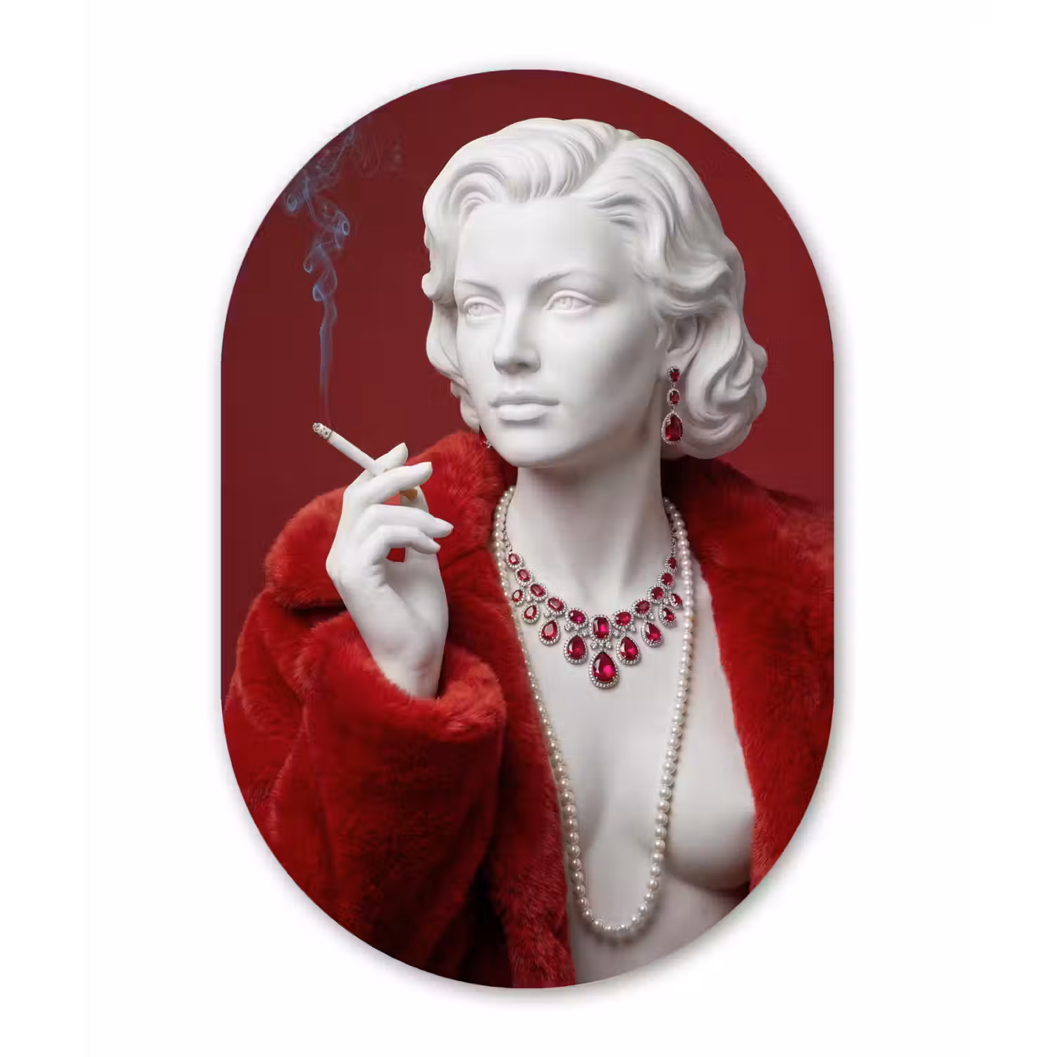 Vrouw - Bontjas - Mode - Klassiek - Rood Wandcirkel Ovaal Aluminium middel -3d