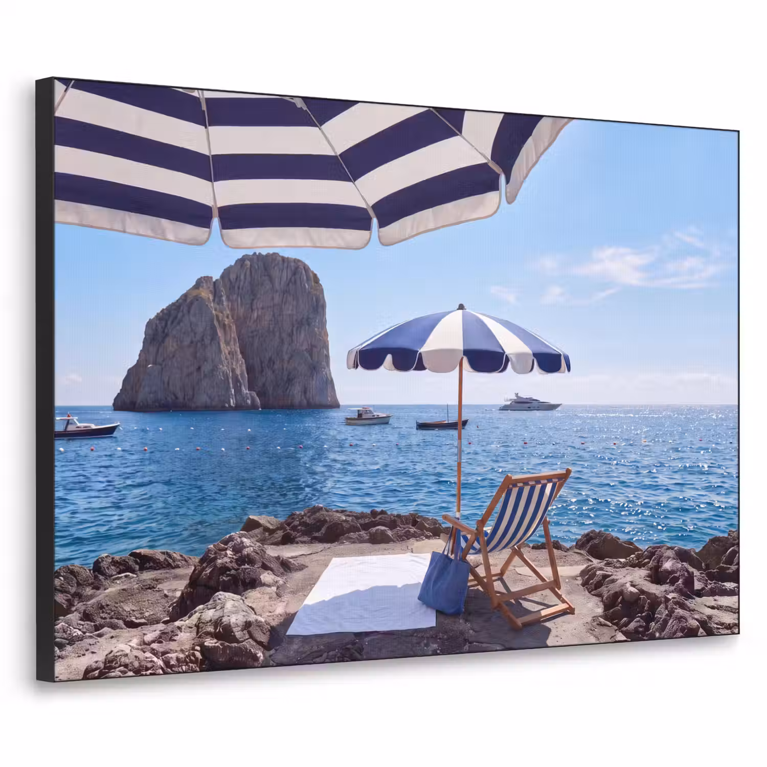 Strand - Ligstoel - Parasol - Zomer - Blauw Textielframe zwart klein -3d
