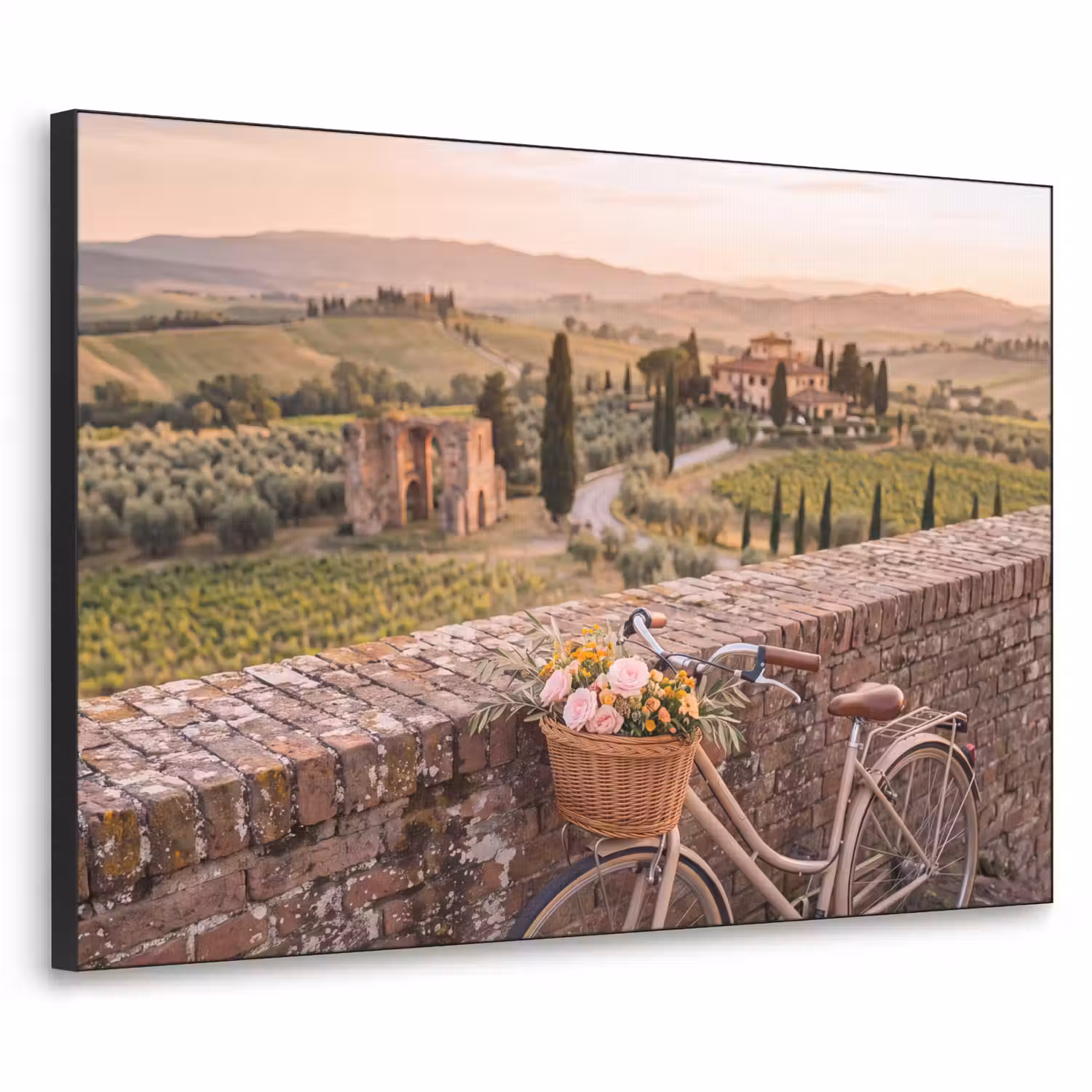 Fiets - Bloemen - Toscane - Landschap - Roze Textielframe zwart klein -3d