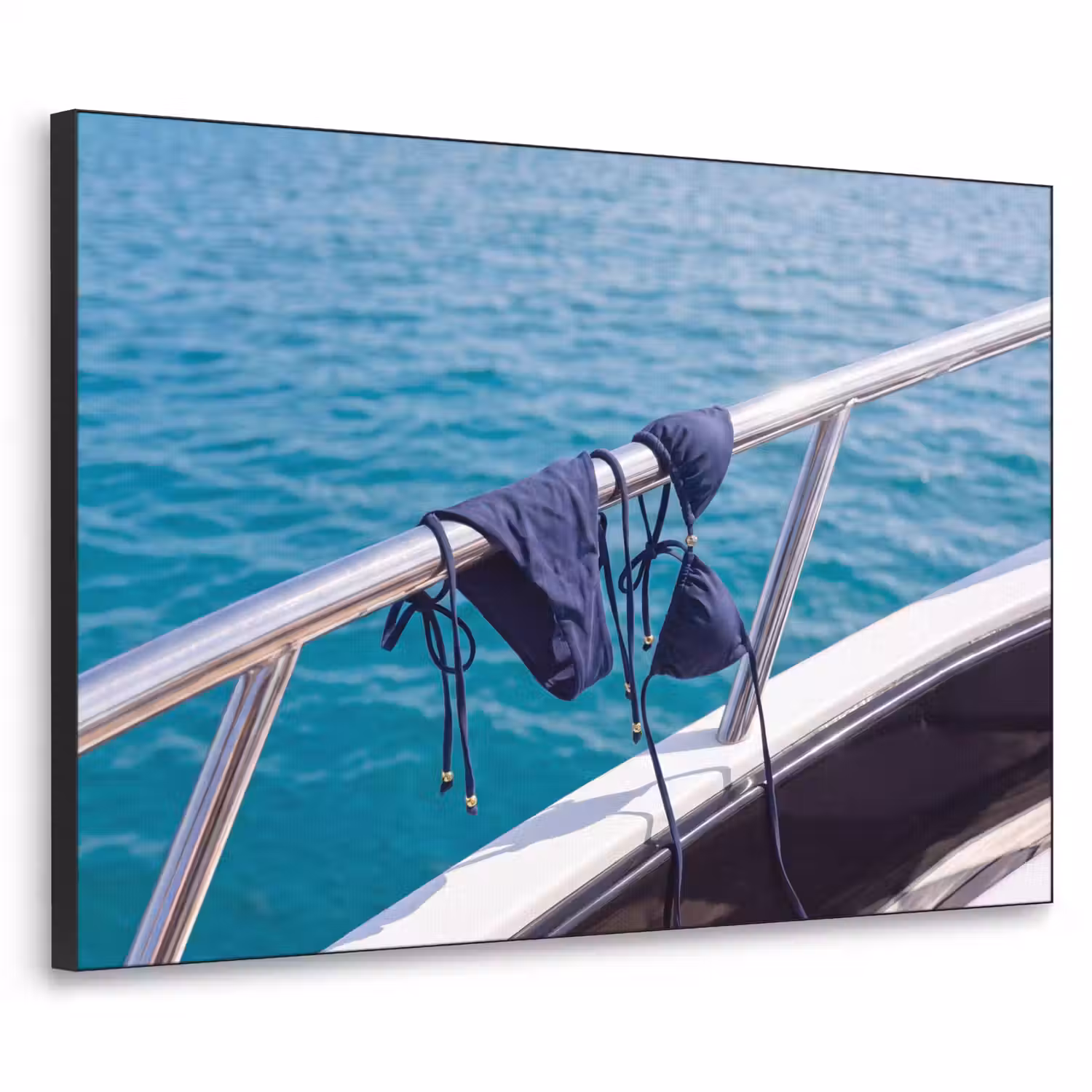 Bikini - Reling - Zee - Zomer - Blauw Textielframe zwart klein -3d