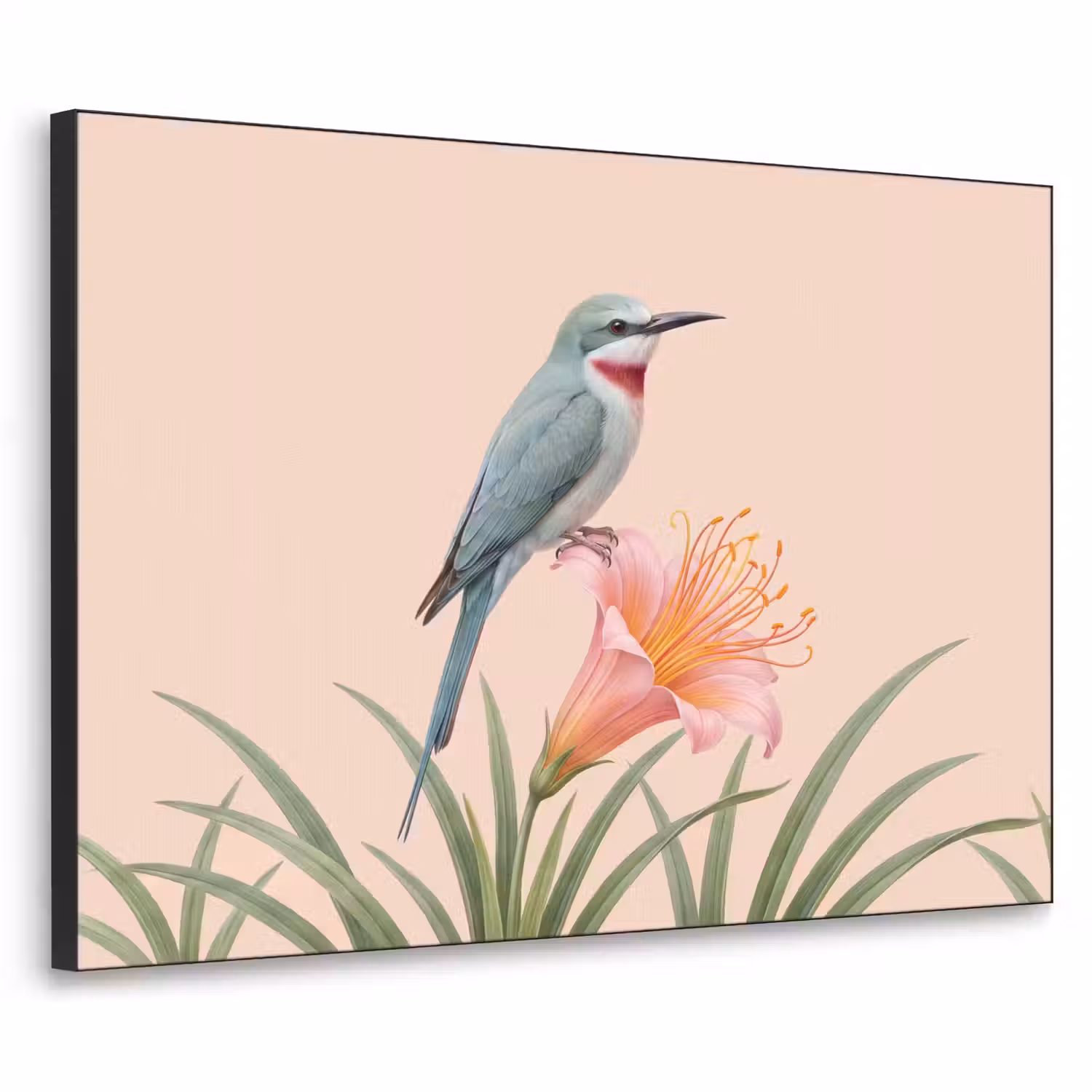 Vogel - Bloem - Natuur - Roze Textielframe zwart klein -3d