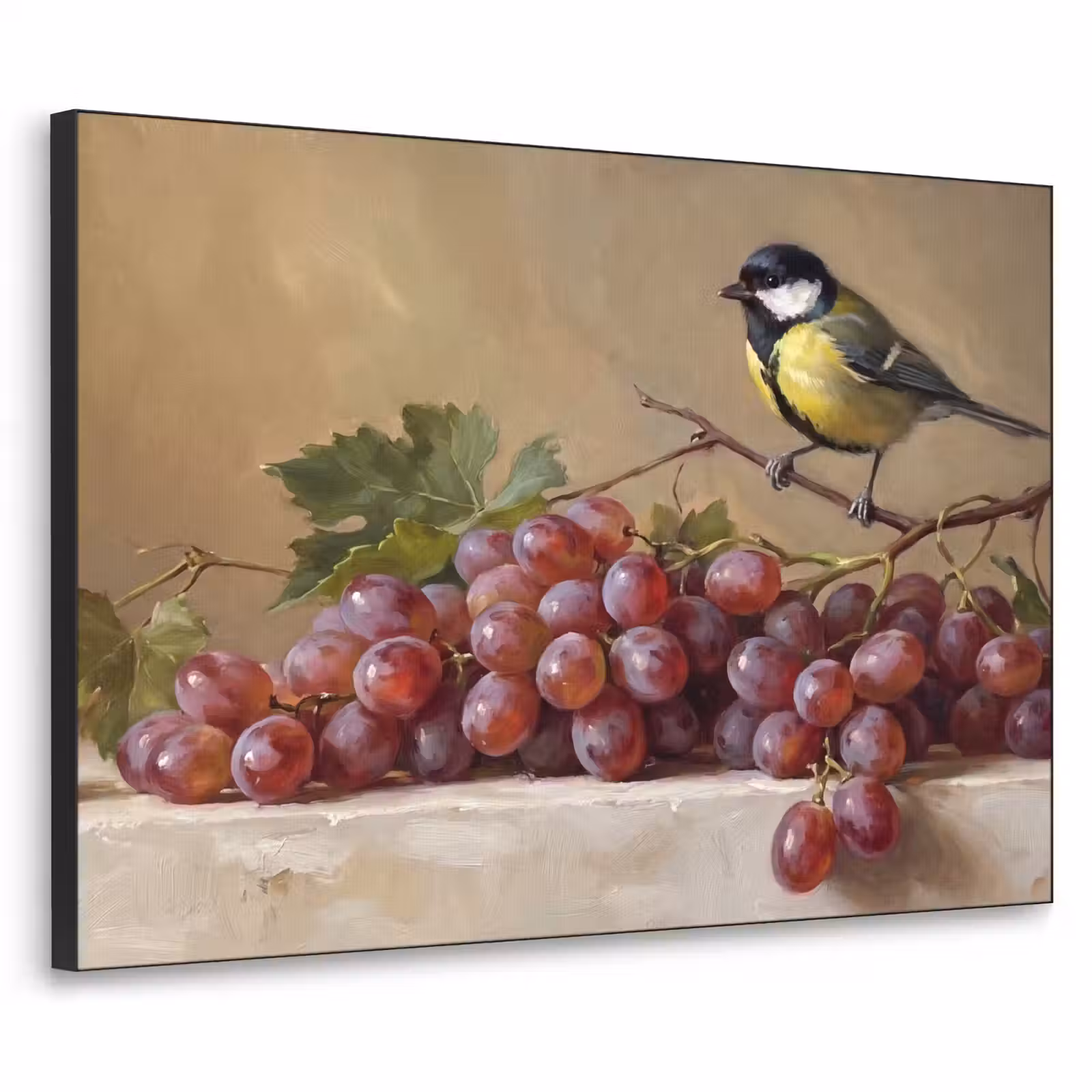 Art Frame - Bird - Grapes - Still Life - Vogel - Druiven - Stilleven Textielframe zwart klein