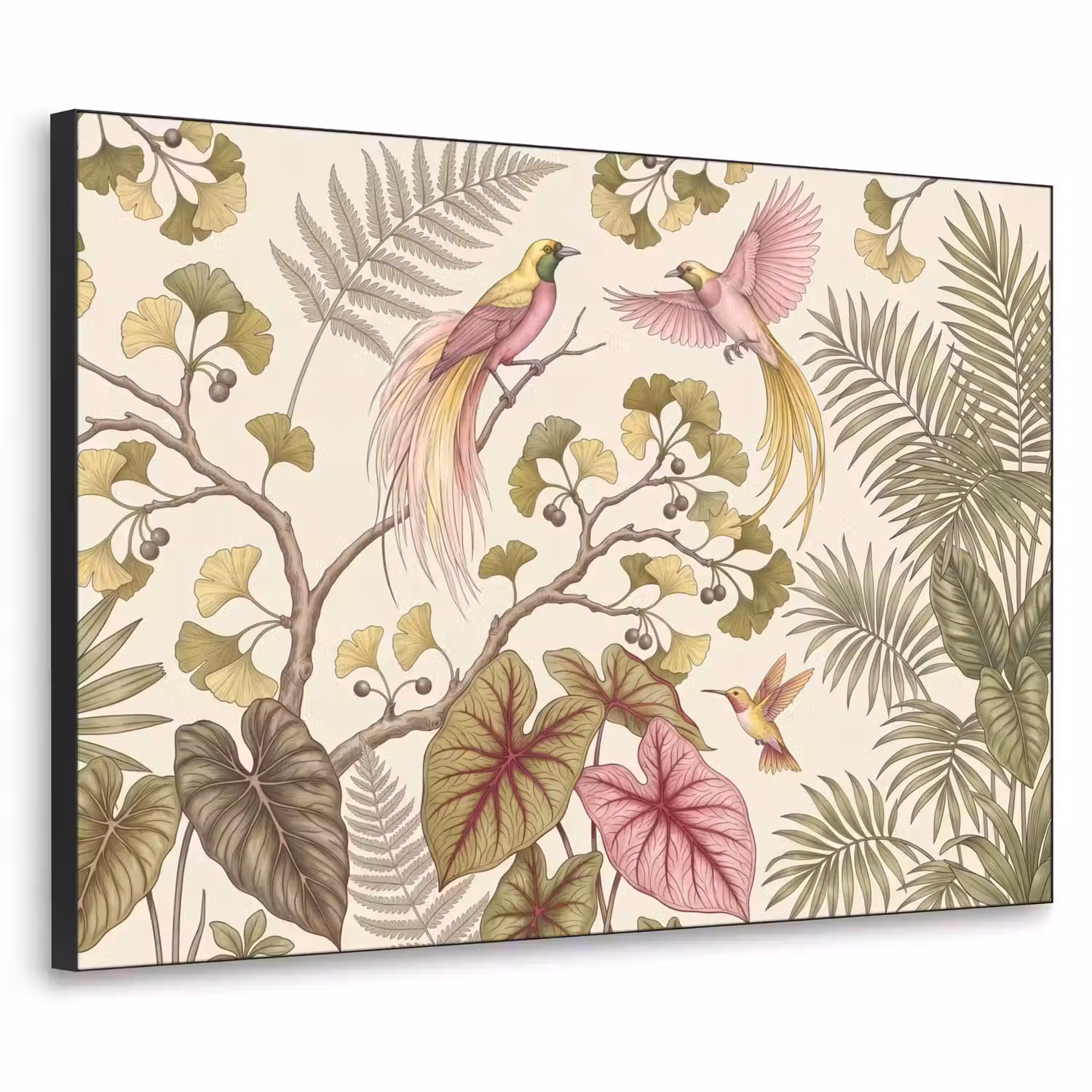 Vogels - Tropisch - Botanisch - Roze Textielframe zwart klein -3d