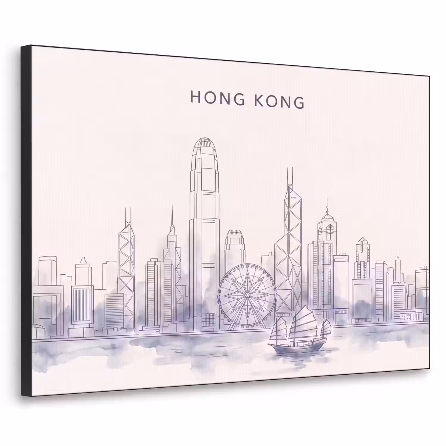 Stad - Skyline - Water - Lijntekening - Blauw Textielframe zwart klein -3d