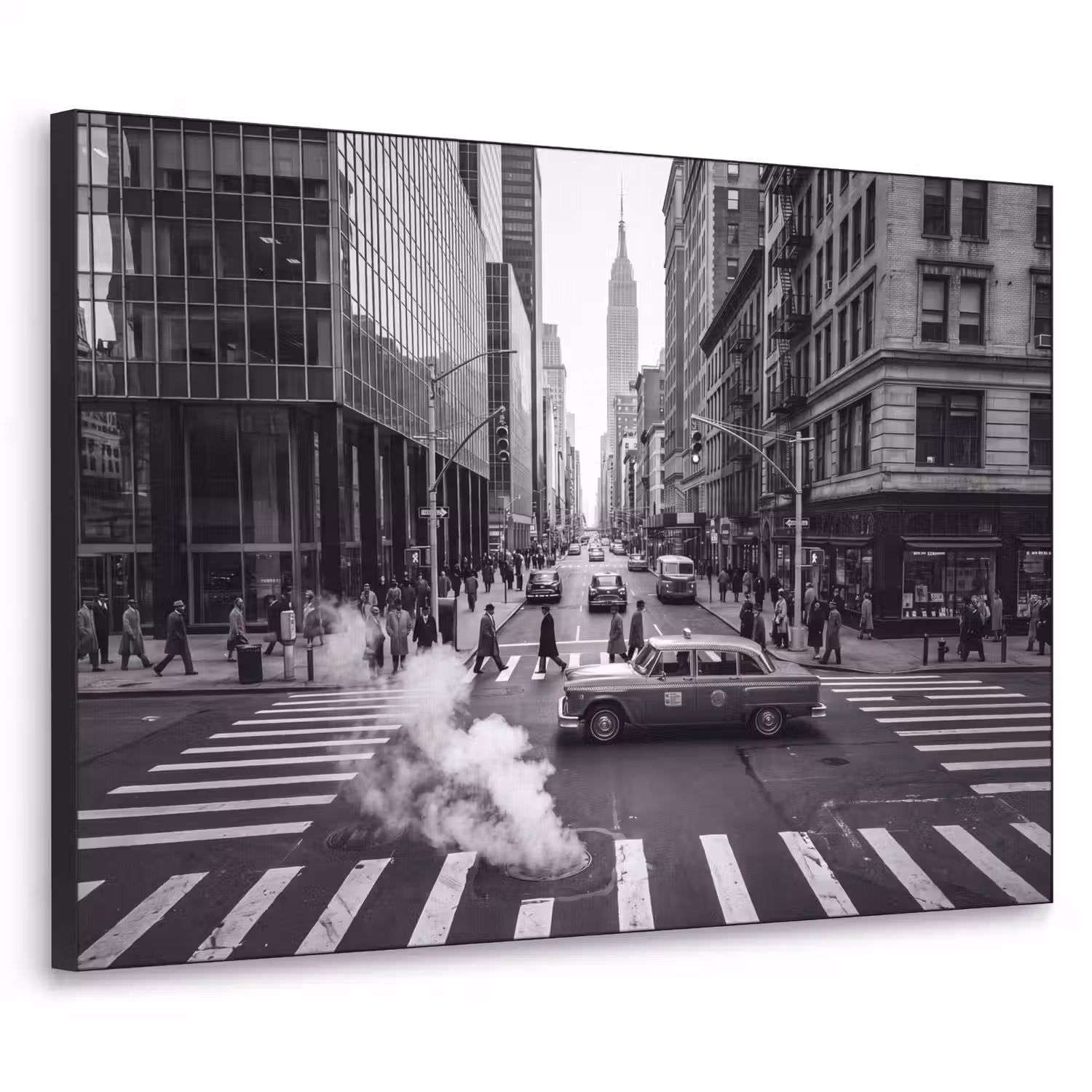 Stad - Straat - Gebouwen - Verkeer - Zwart-wit Textielframe zwart klein -3d