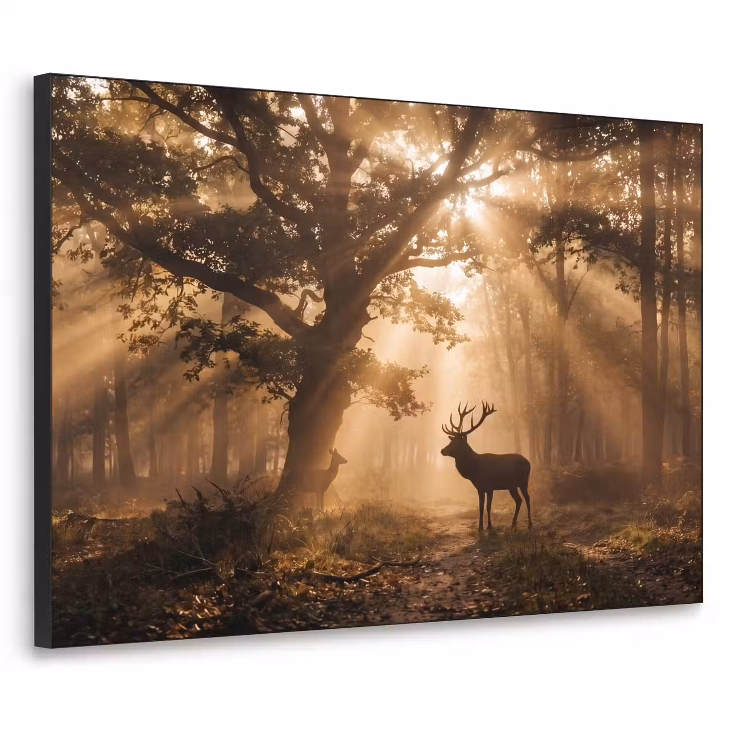 Hert - Bos - Mistig - Natuur - Goud Textielframe zwart klein -3d