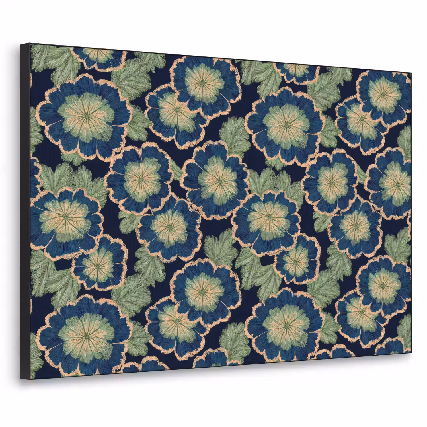Bloemen - Borduurwerk - Patroon - Blauw - Groen Textielframe zwart klein 947 -3d