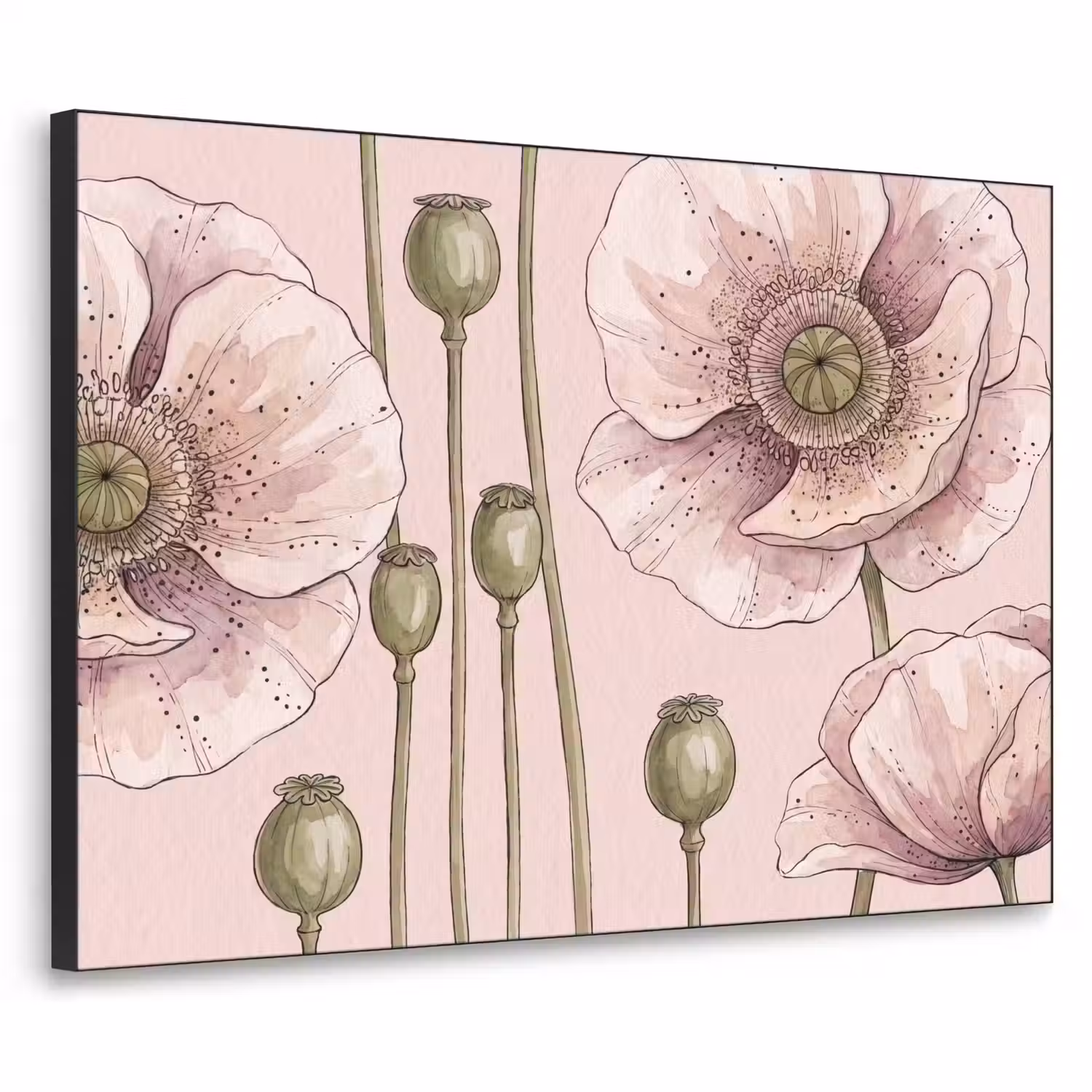 Bloemen - Zomer - Natuur - Aquarel - Roze Textielframe zwart klein -3d