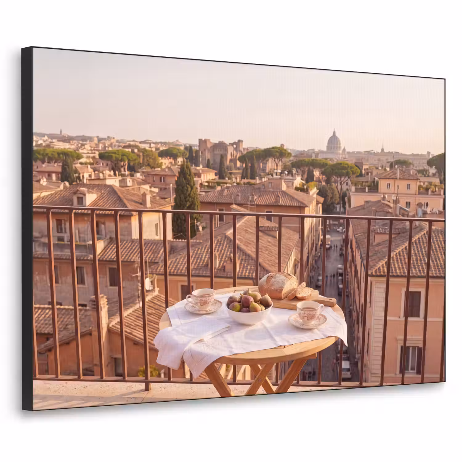 Eten - Ontbijt - Balkon - Stad - Zonsopgang Textielframe zwart klein -3d