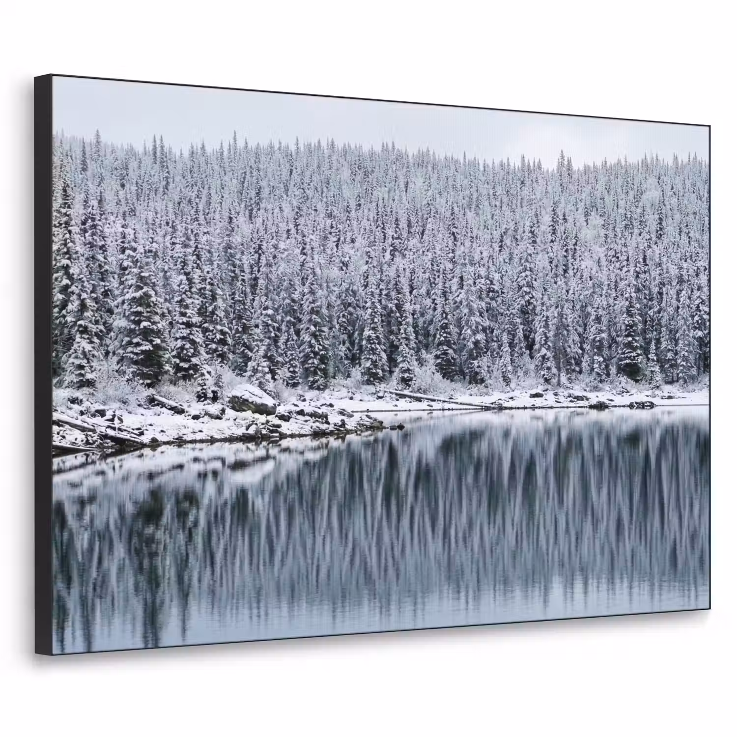 Bos - Reflectie - Meer - Winter - Serene Textielframe zwart klein -3d