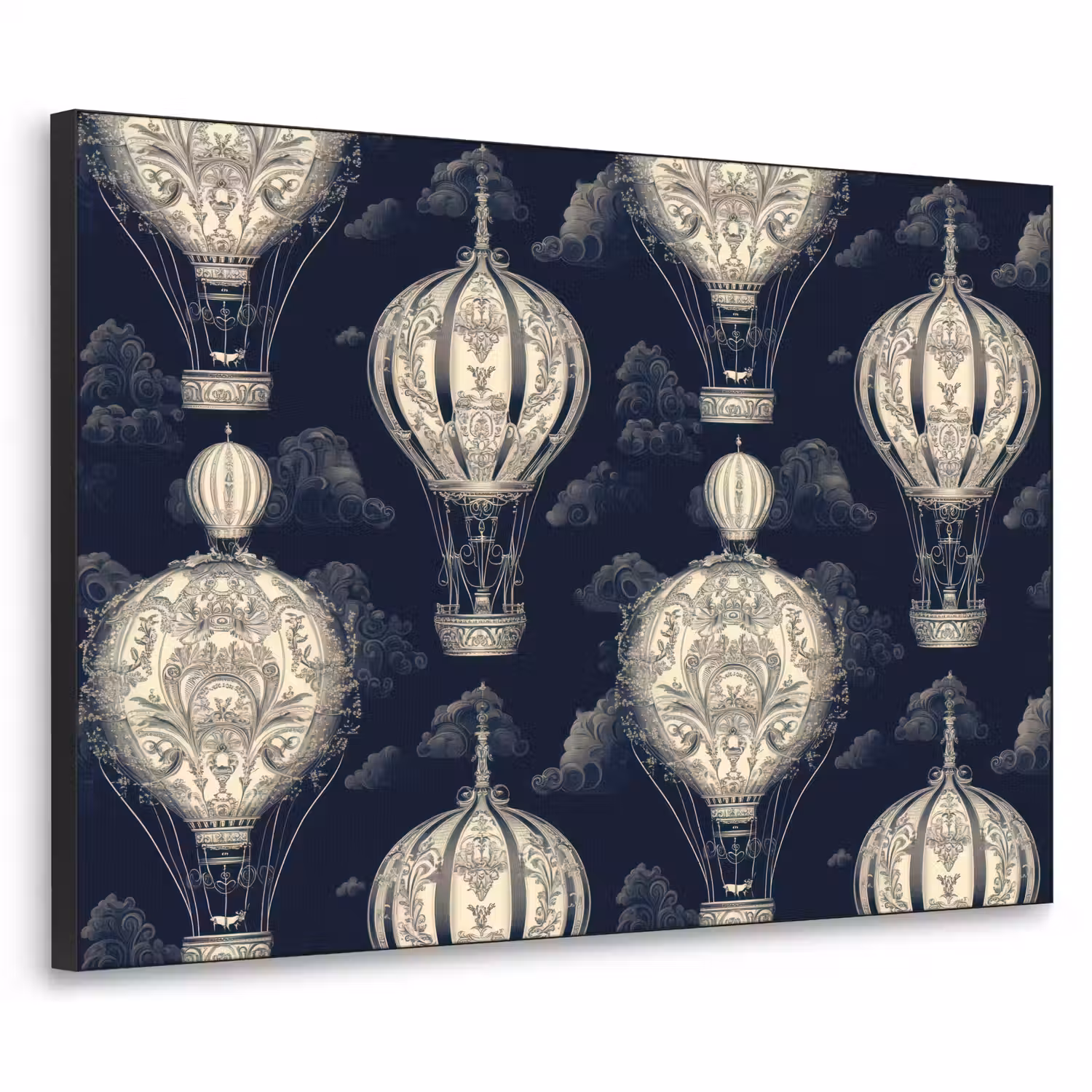 Luchtballonnen - Wolken - Patroon - Donkerblauw Textielframe zwart klein 947 -3d
