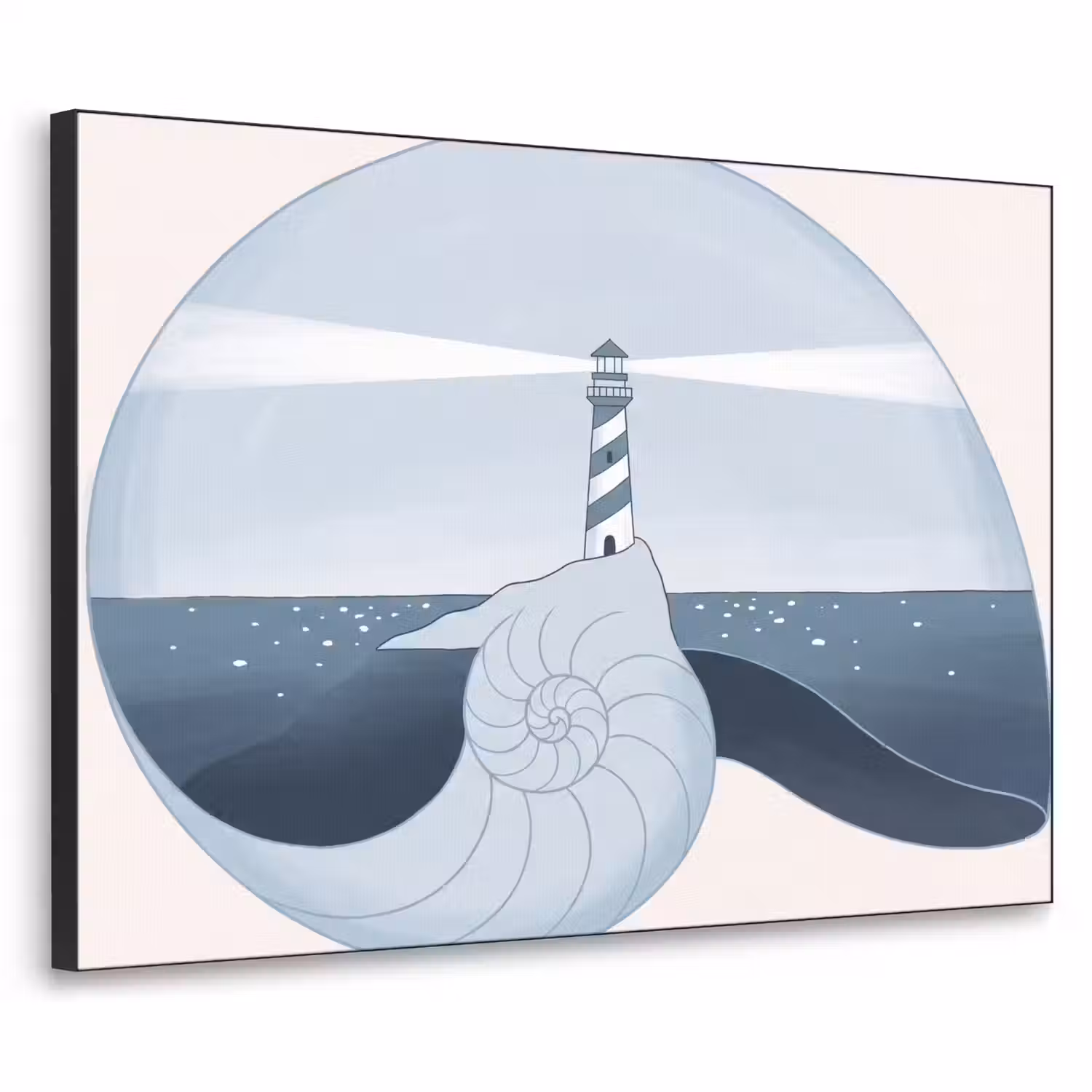 Vuurtoren - Zee - Schelp - Abstract - Blauw Textielframe zwart klein -3d