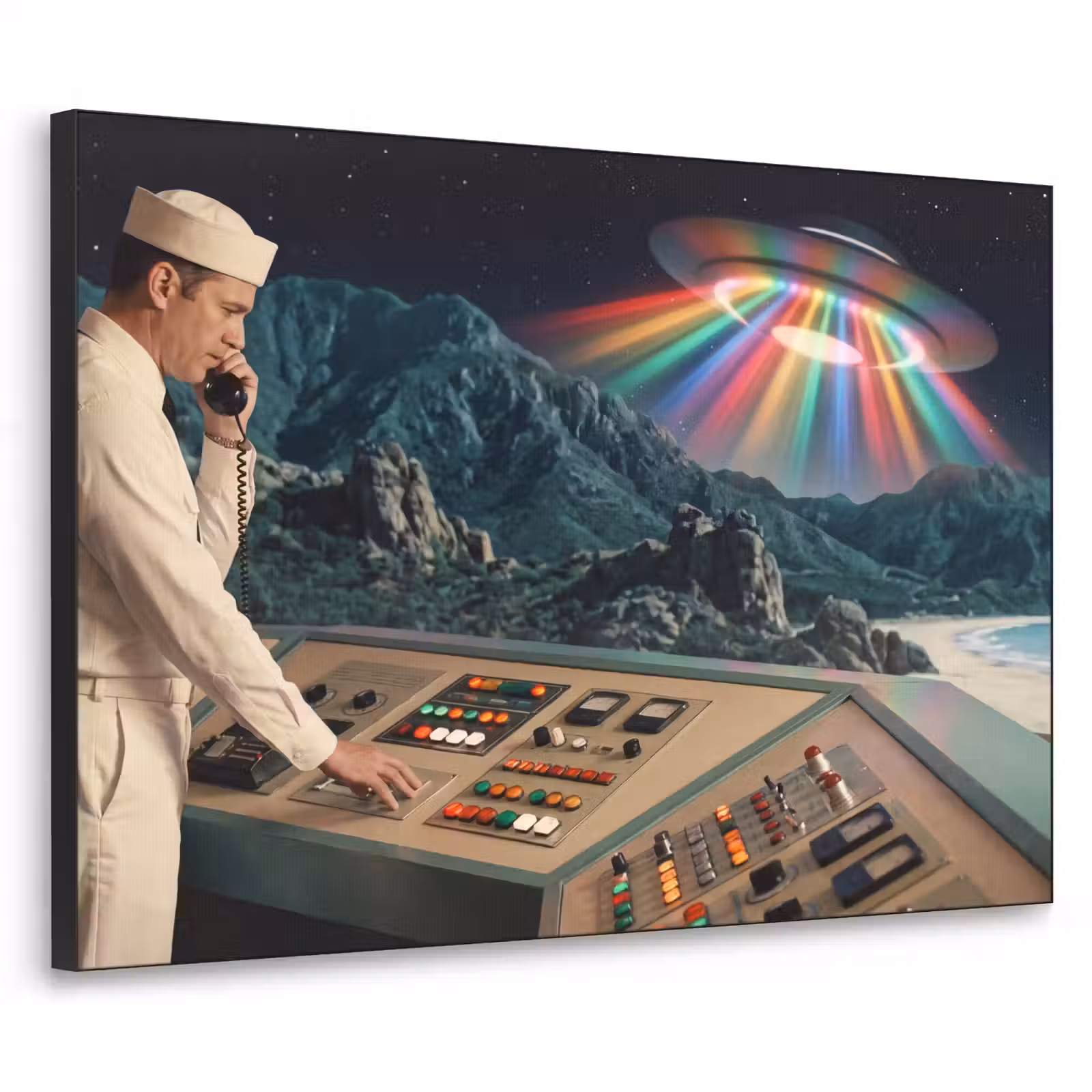 Art Frame - Man - Control Room - Beach - Man - Controlekamer - Strand Textielframe zwart klein