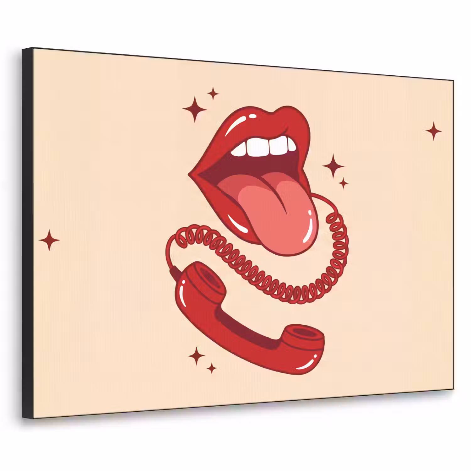 Mond - Telefoon - Popart - Rood - Illustratie Textielframe zwart klein -3d