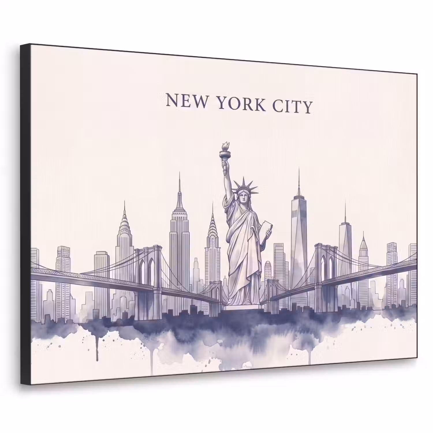 New York - Vrijheidsbeeld - Skyline - Illustratie - Blauw Textielframe zwart klein -3d