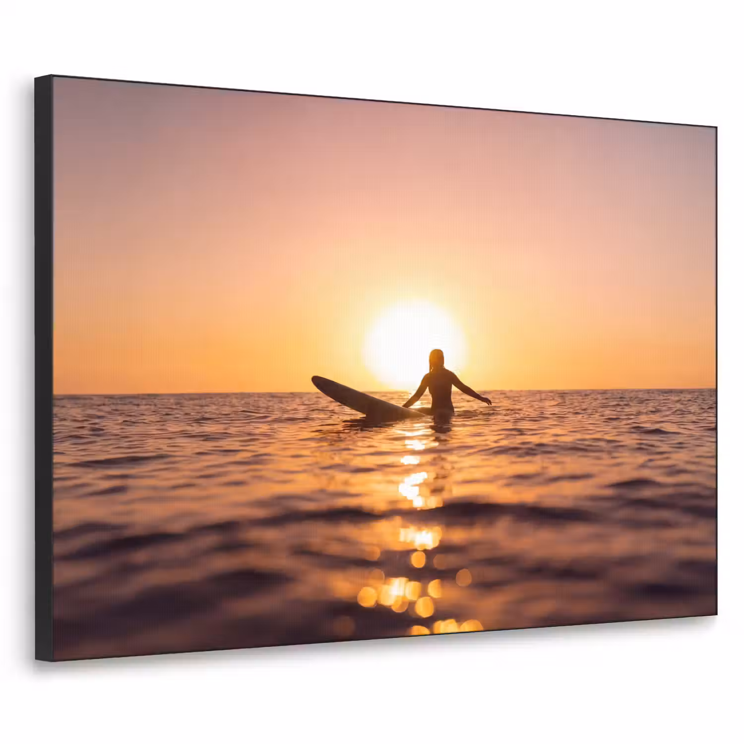 Persoon - Surfen - Zonsondergang - Zee - Oranje Textielframe zwart klein -3d