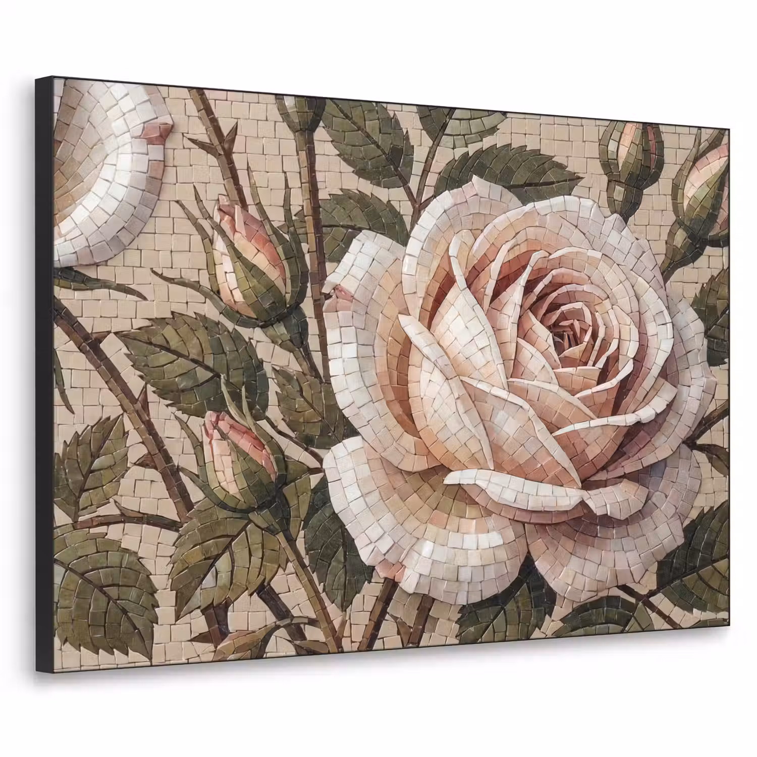 Roos - Mozaïek - Bloemen - Klassiek - Beige Textielframe zwart klein -3d