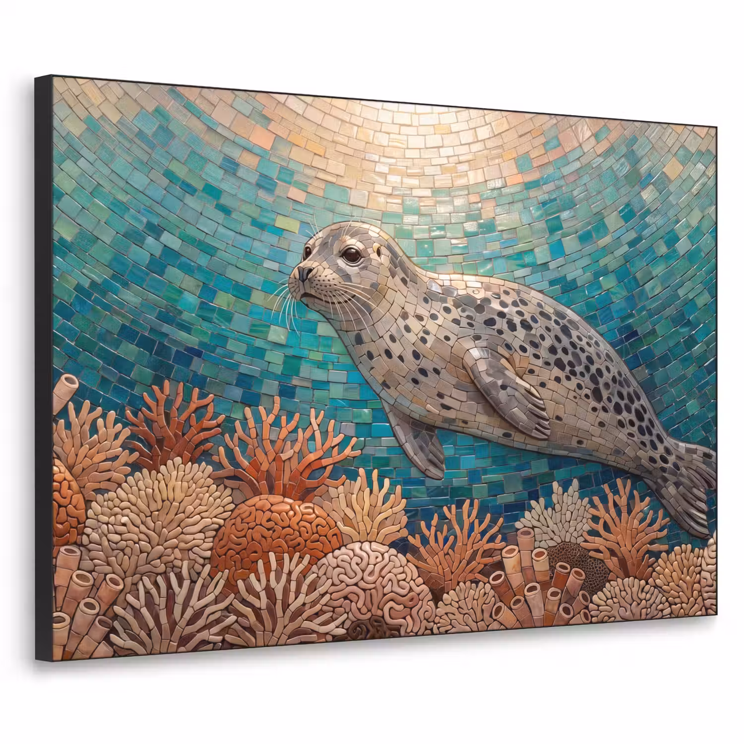 Zeehond - Mozaïek - Onderwater - Dieren - Blauw Textielframe zwart klein -3d