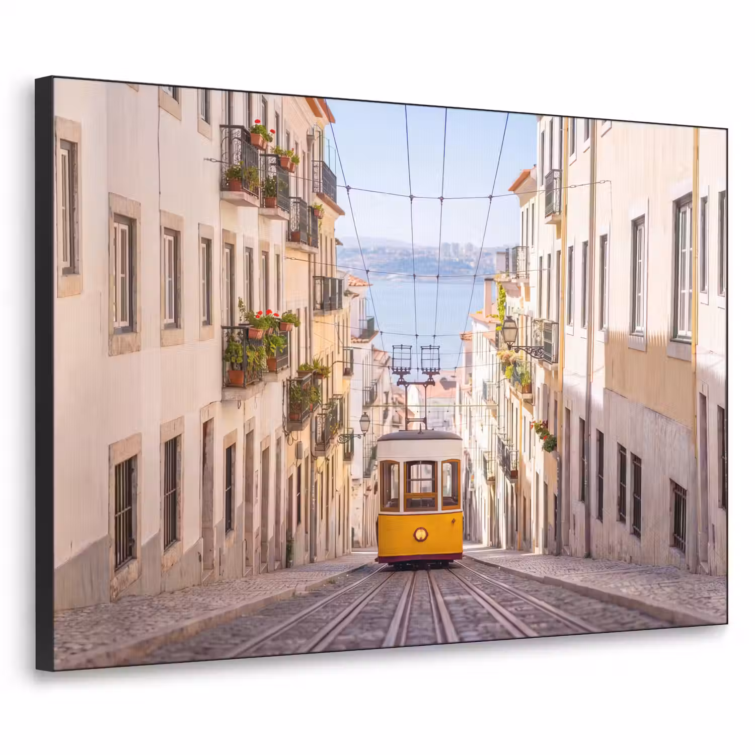 Tram - Straat - Stad - Architectuur - Geel Textielframe zwart klein -3d