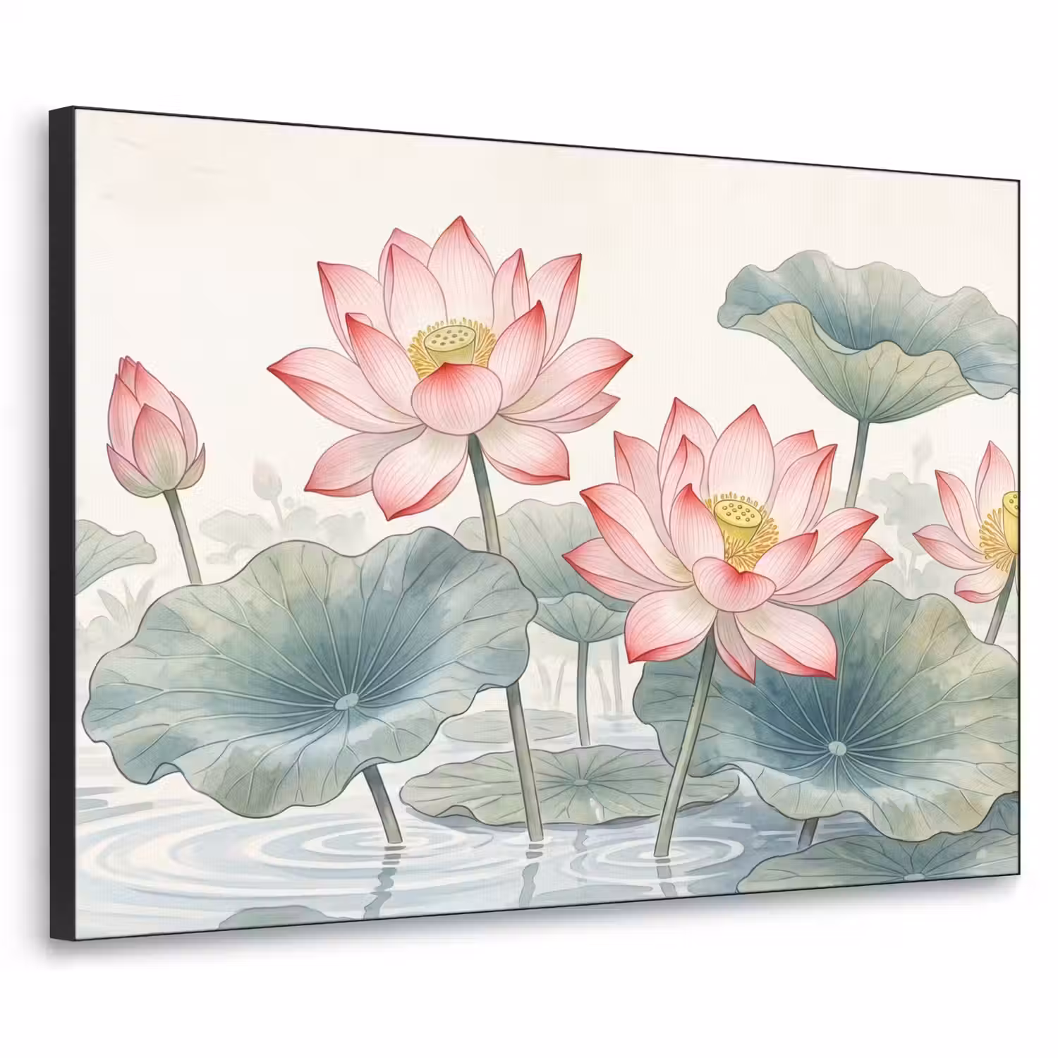 Aquarel - Lotusbloemen - Kleurrijk Textielframe zwart klein -3d