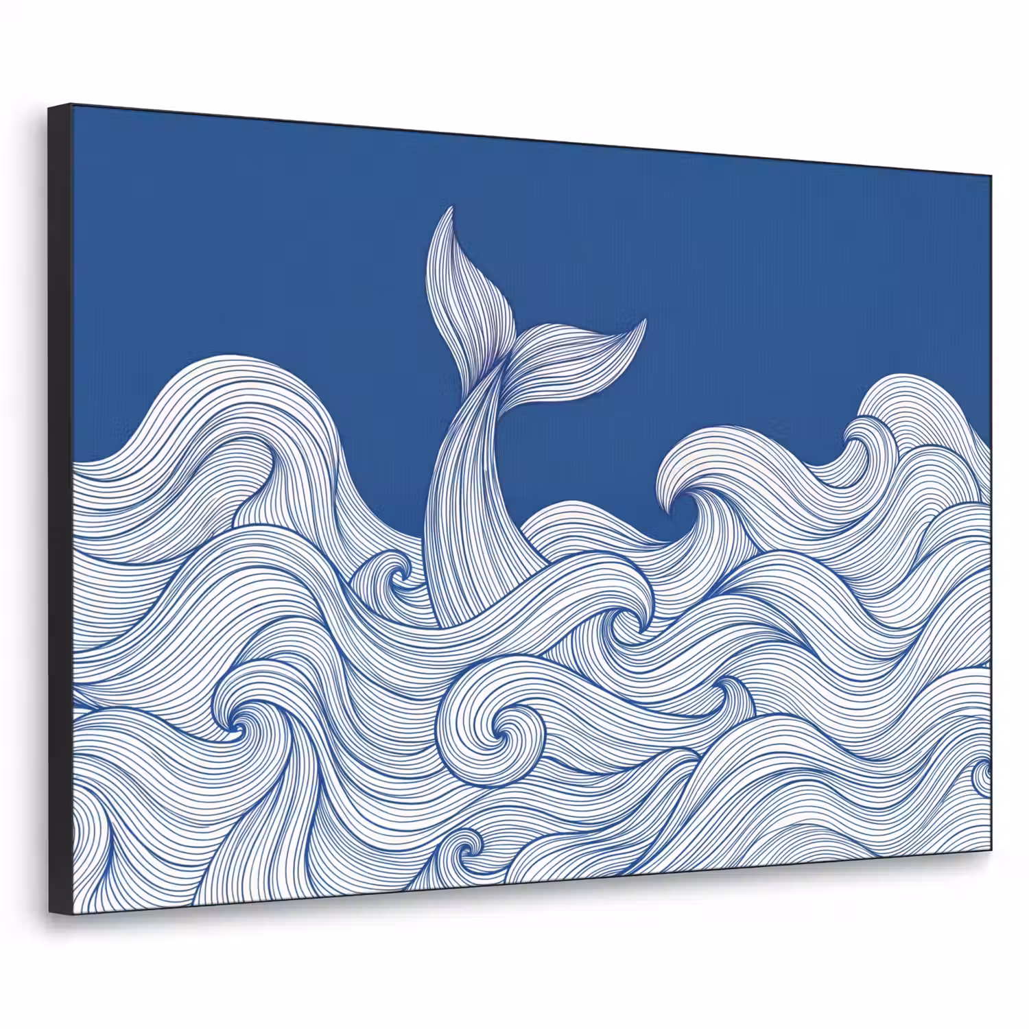 Walvis - Staart - Golven - Lijntekening - Blauw Textielframe zwart klein -3d