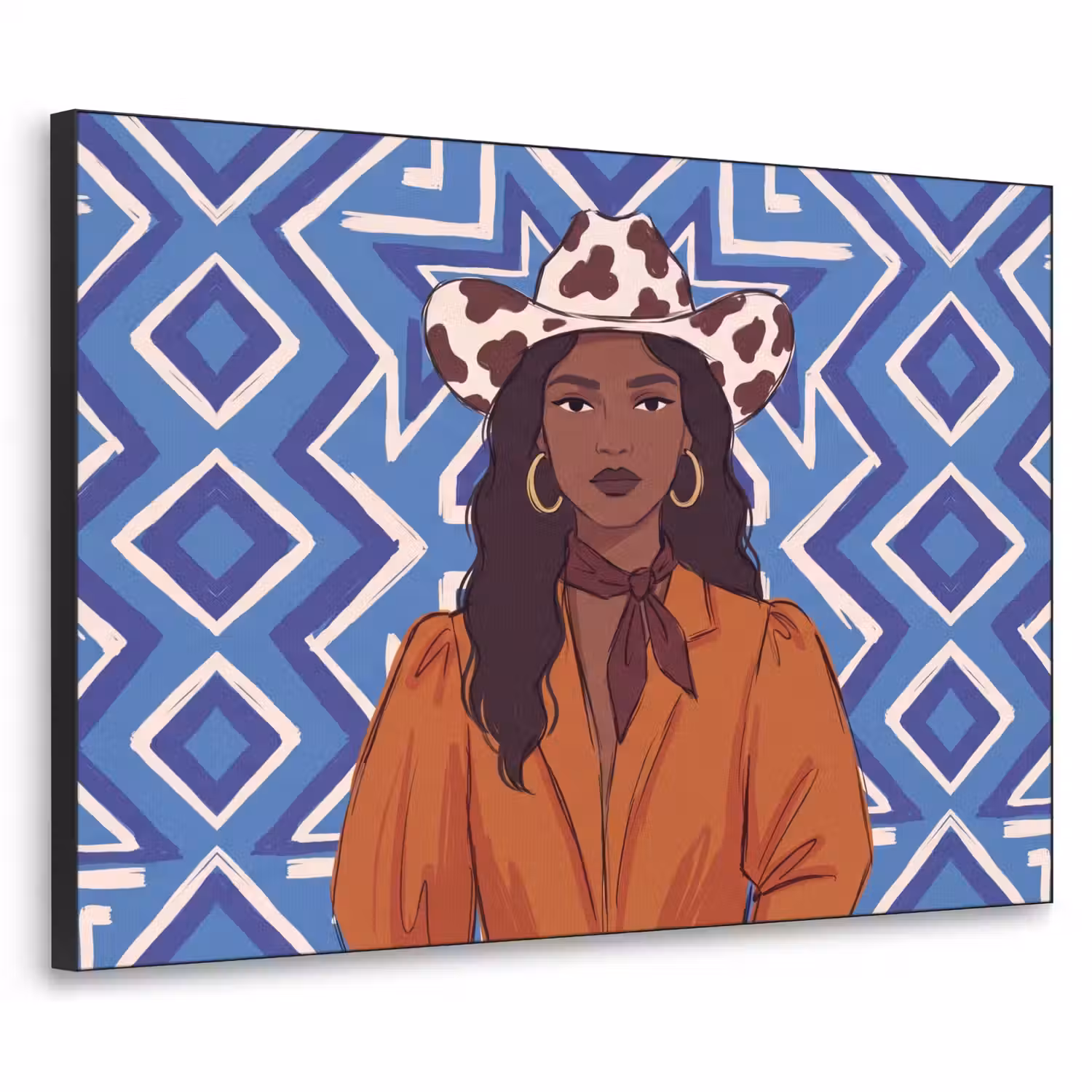 Vrouw - Cowboyhoed - Portret - Modern - Blauw Textielframe zwart klein -3d