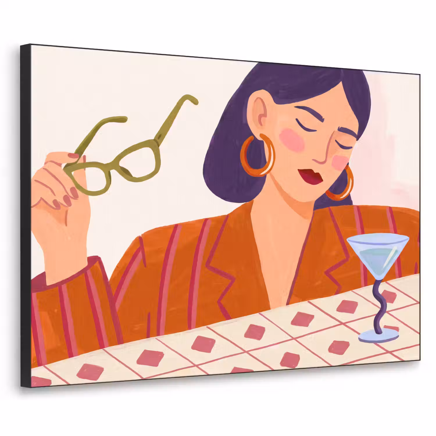Vrouw - Bril - Cocktail - Illustratie - Modern Textielframe zwart klein -3d