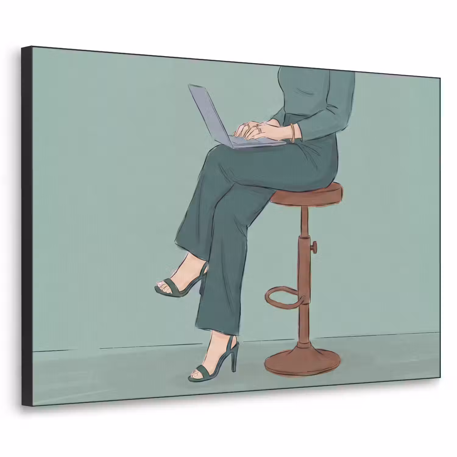 Vrouw - Laptop - Zittend - Illustratie - Groen Textielframe zwart klein -3d